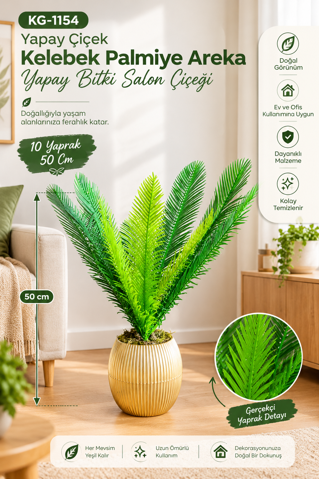 Yapay Çiçek Kelebek Palmiye Areka Yapay Bitki Salon Çiceği 10 Yaprak 50Cm