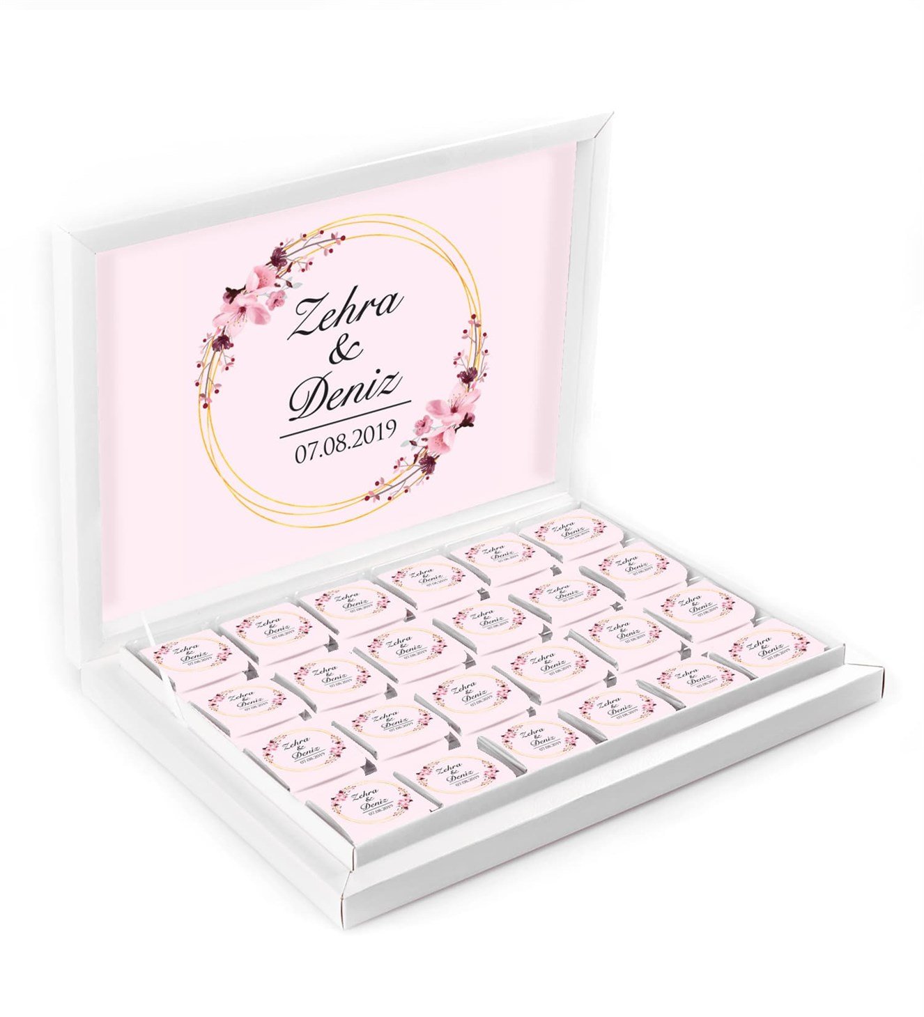 Borda Dallar ve Pembe Çiçekler İsimli ve Tarihli Kutulu Söz & Nişan Çikolatası
