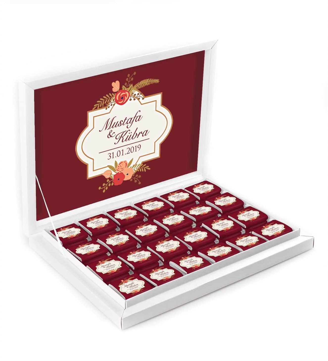 Bordo Çiçekli İsimli ve Tarihli Kutulu Söz & Nişan Çikolatası