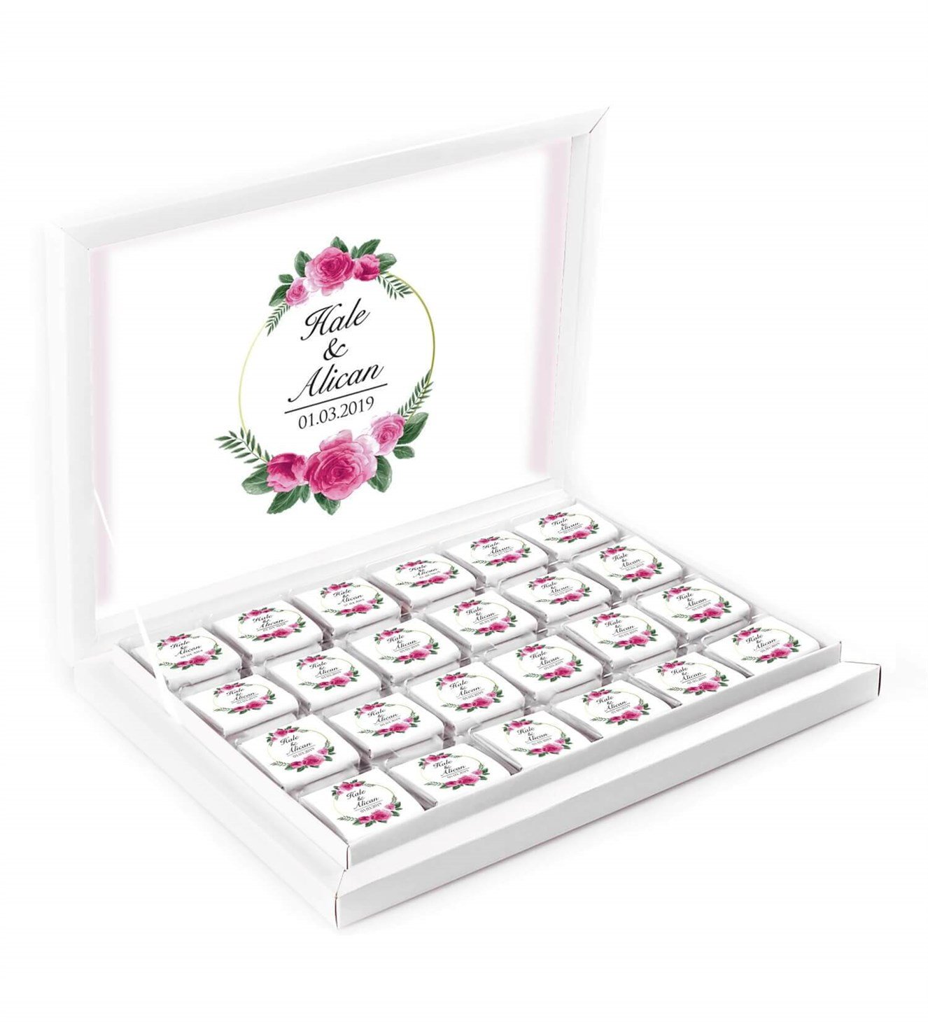 Fuşya Güller İsimli ve Tarihli Kutulu Söz & Nişan Çikolatası