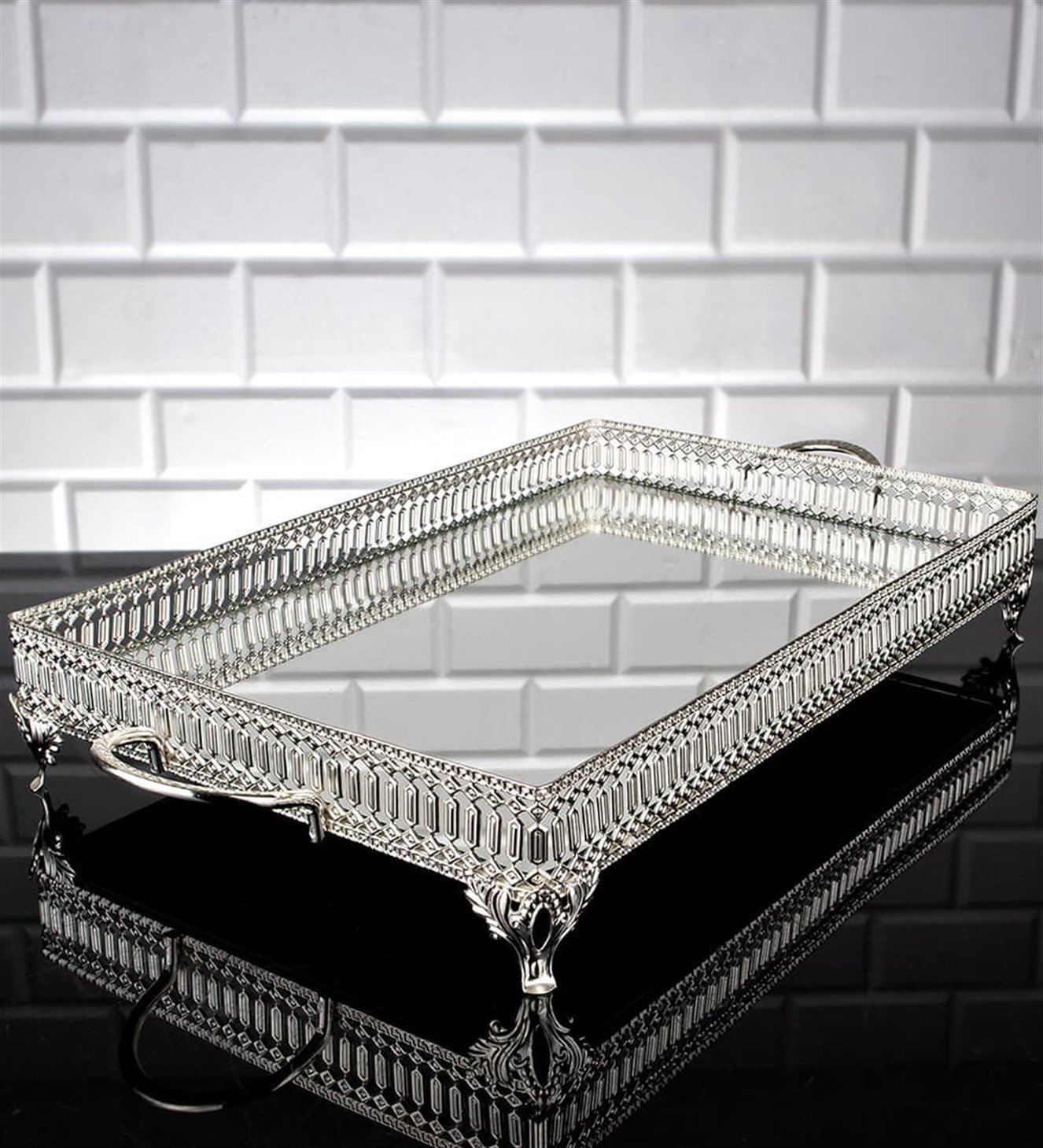 Gümüş Aynalı Büyük Boy Söz & Nişan Tepsi