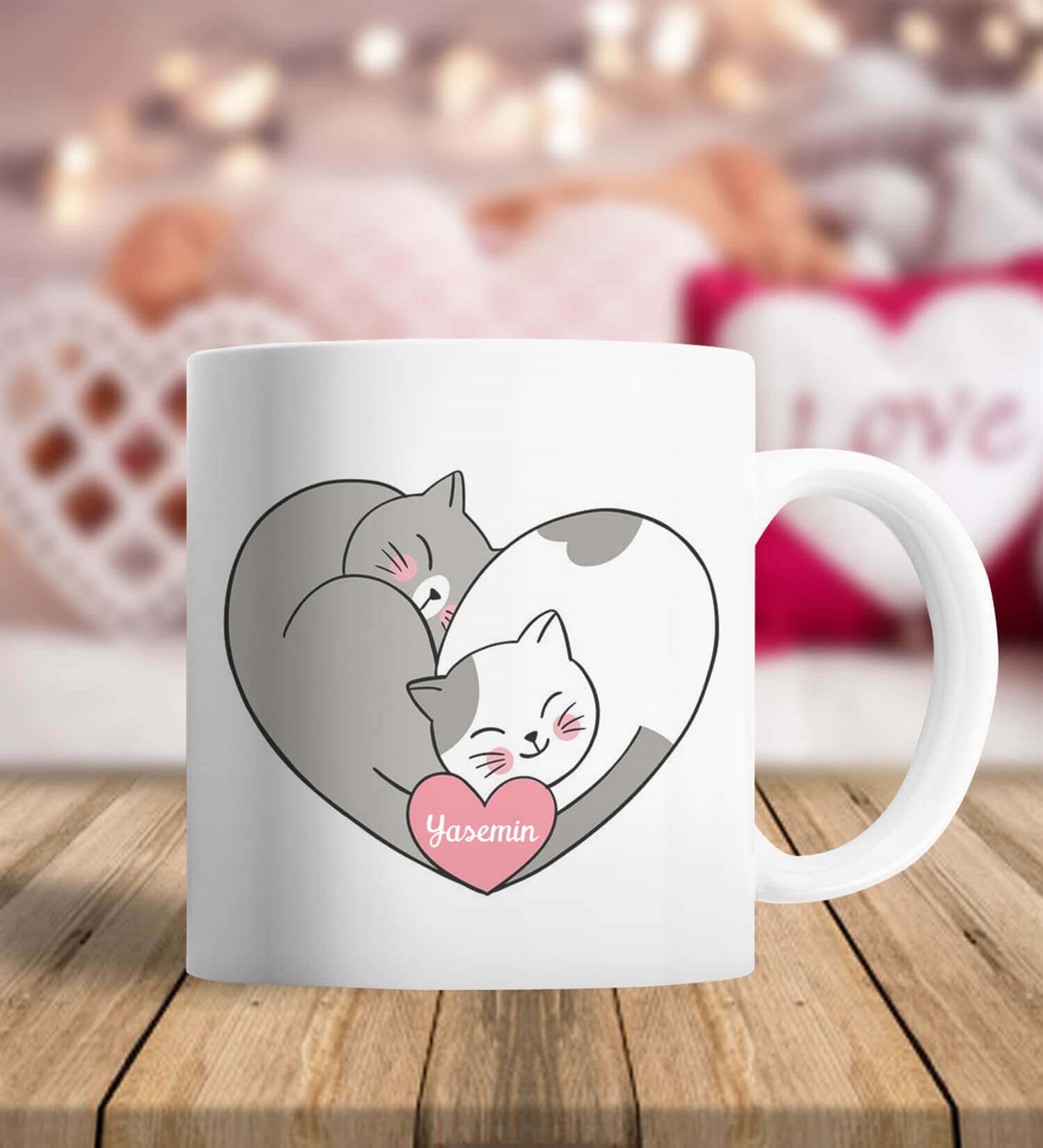 İsme Özel Kalpten Kediler Sevgiliye Hediye Kupa Bardak