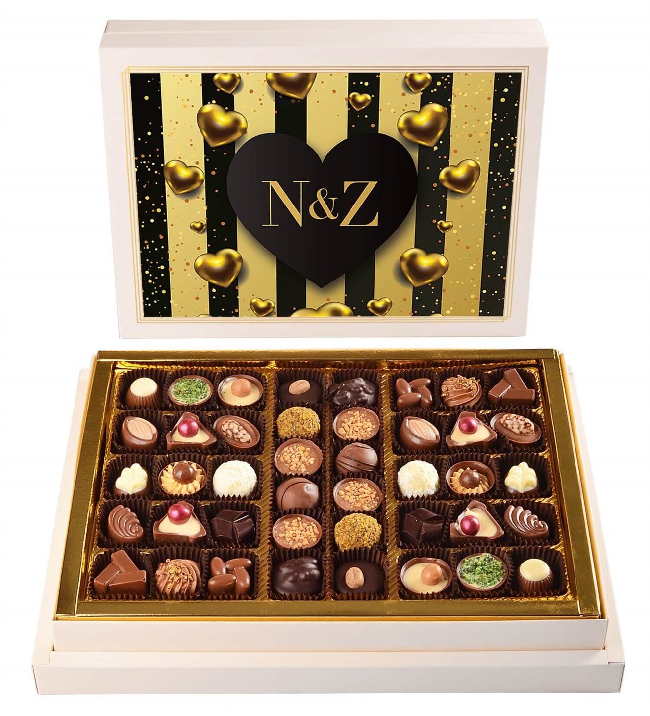 Kişiye Özel Altın ve Siyah Kalp Tasarım Kutulu Spesiyal Çikolata 42'li