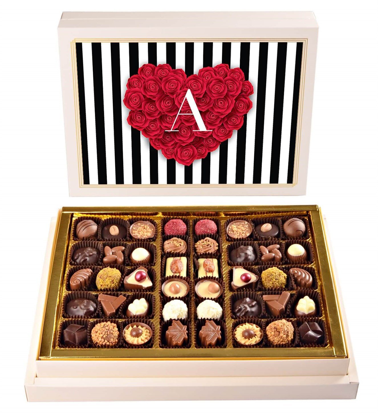 Kişiye Özel İsim Baş Harfli, Kalp Gül Tasarımlı Spesiyal Çikolata 42'li