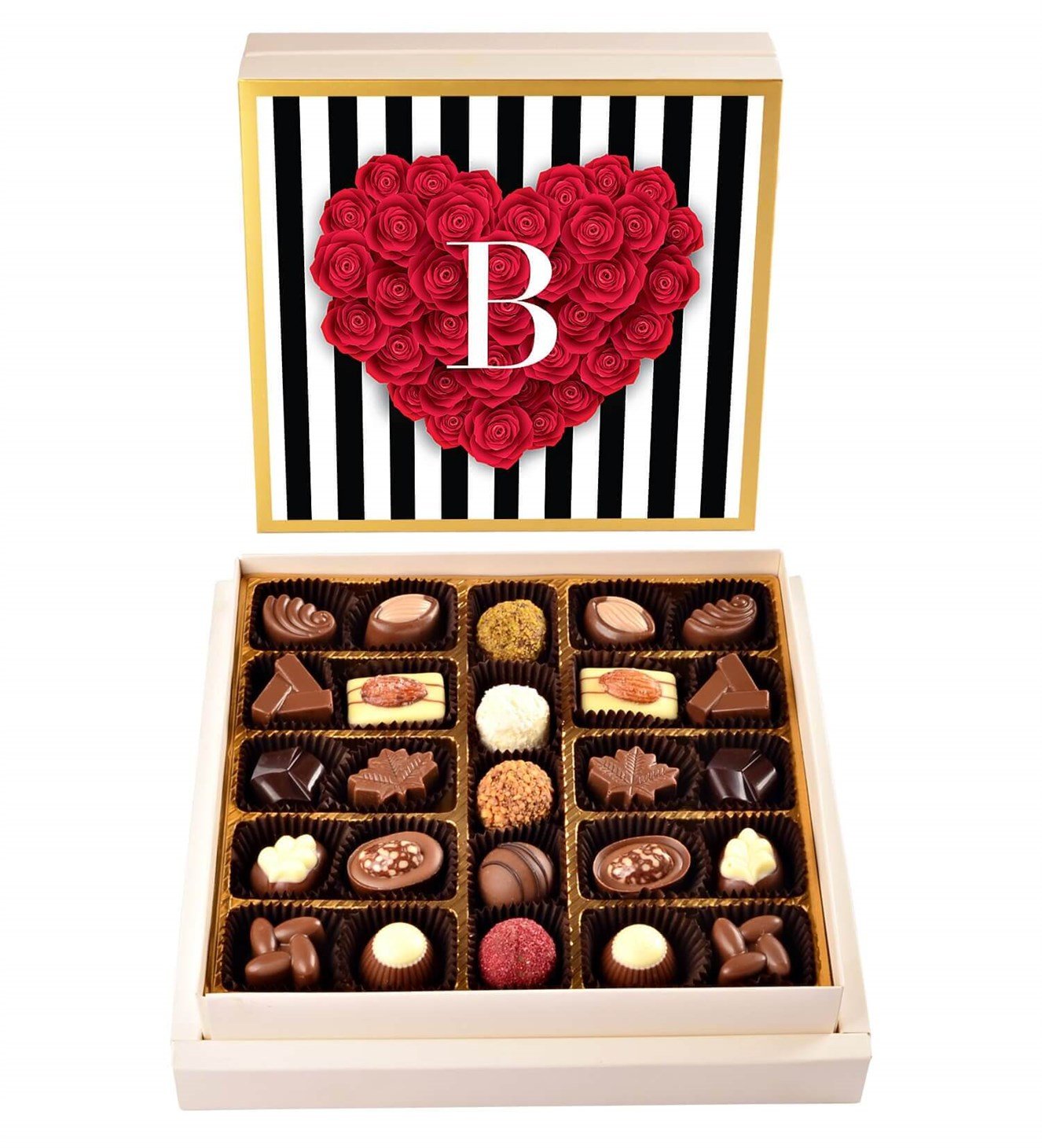 Kişiye Özel İsim Baş Harfli, Kalp Gül Tasarımlı Spesiyal Çikolata 25'li