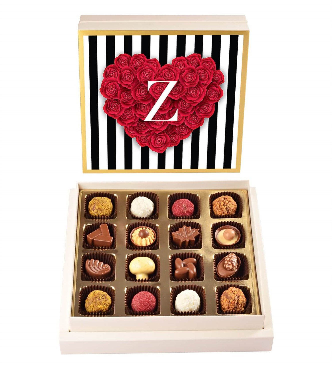 Kişiye Özel İsim Baş Harfli, Kalp Gül Tasarımlı Spesiyal Çikolata 16'lı