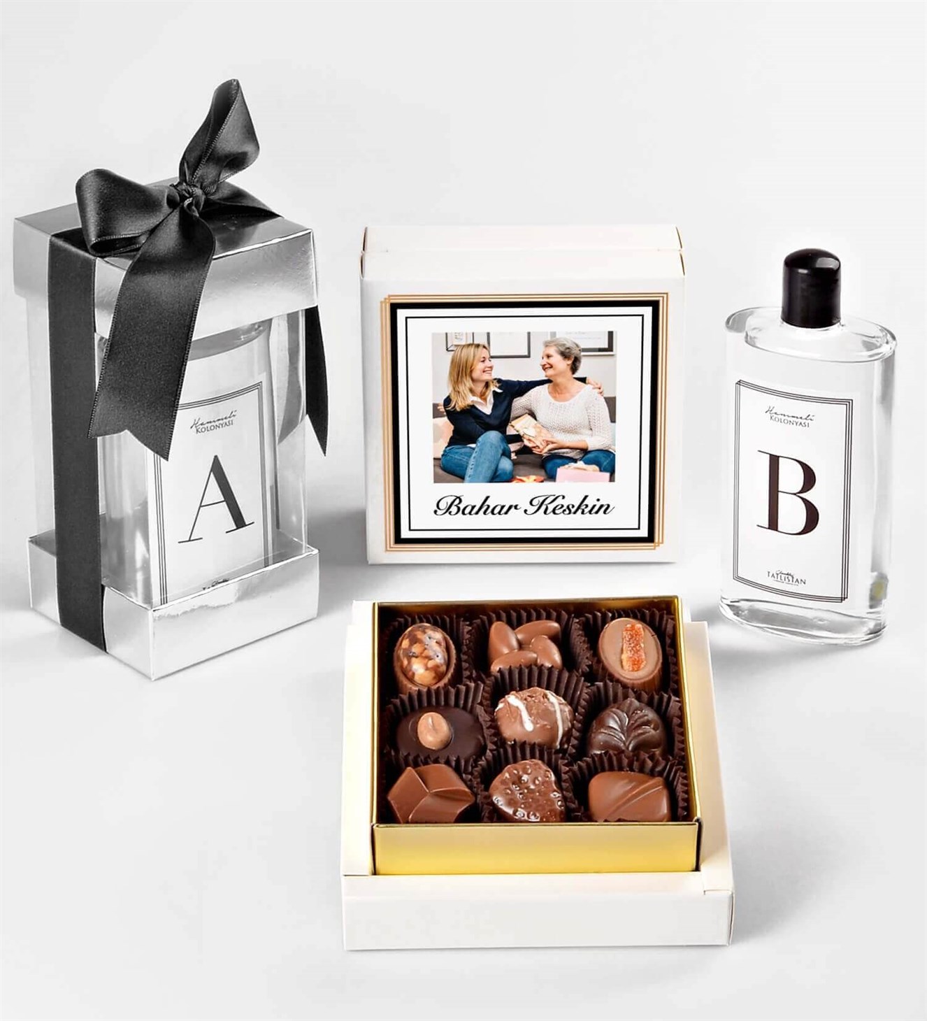 Kişiye Özel İsimli Fotoğraflı Çikolata ve Kolonya Hediye Seti