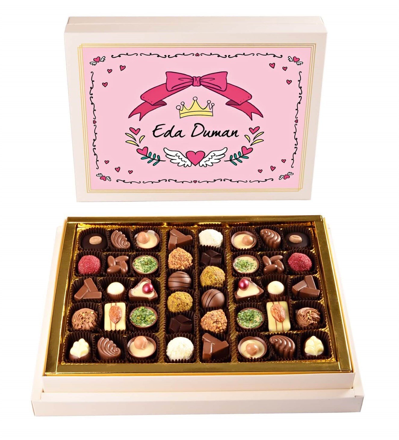 Kişiye Özel, Pembe Kalpli ve Melek Prenses Kutulu Spesiyal Çikolata 42'li