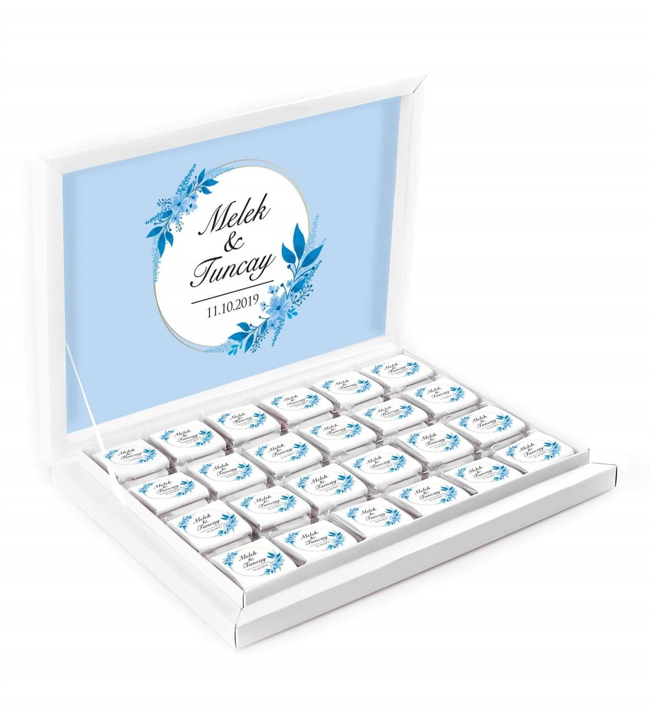 Mavi Dallar ve Yapraklar İsimli ve Tarihli Kutulu Söz & Nişan Çikolatası