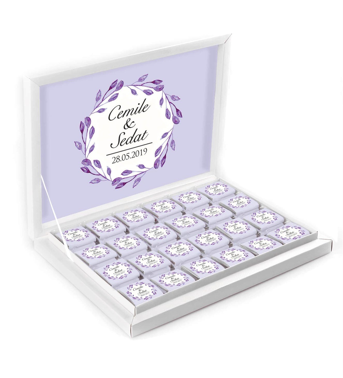 Mor Dallar İsimli ve Tarihli Kutulu Söz & Nişan Çikolatası