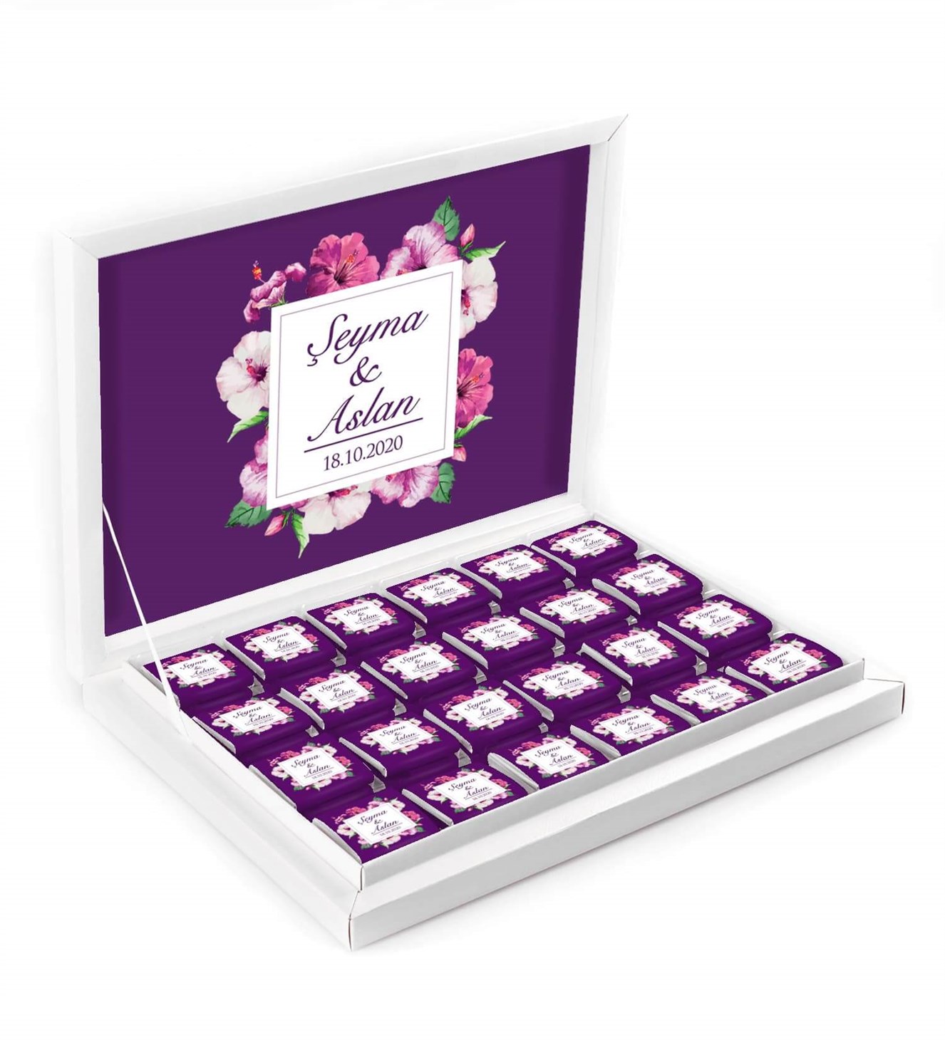 Morlu Pembeli Çiçekler İsimli ve Tarihli Kutulu Söz & Nişan Çikolatası