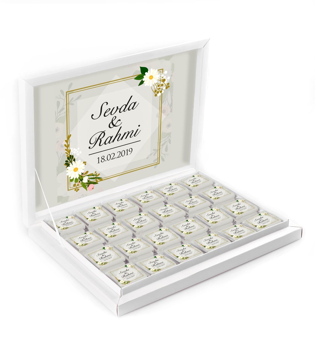 Papatyalar İsimli ve Tarihli Kutulu Söz & Nişan Çikolatası
