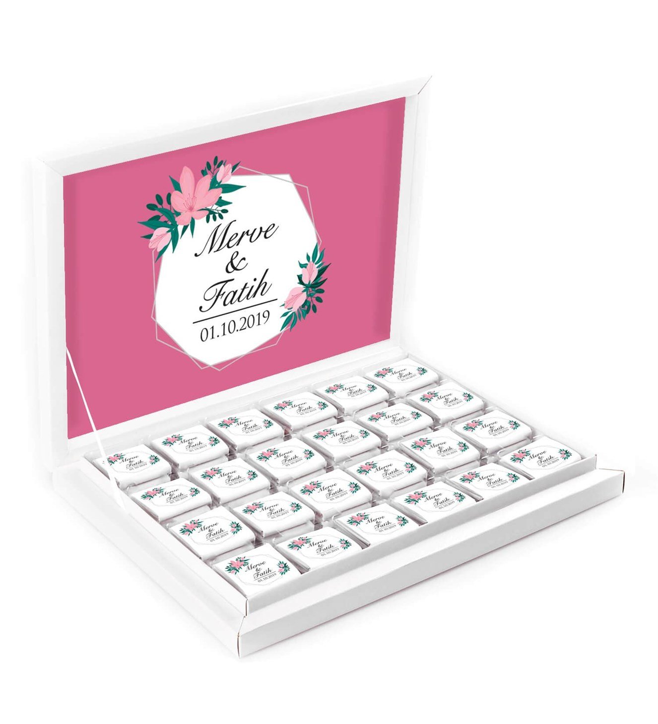 Pembe Çiçekler ve Yapraklar İsimli ve Tarihli Kutulu Söz & Nişan Çikolatası