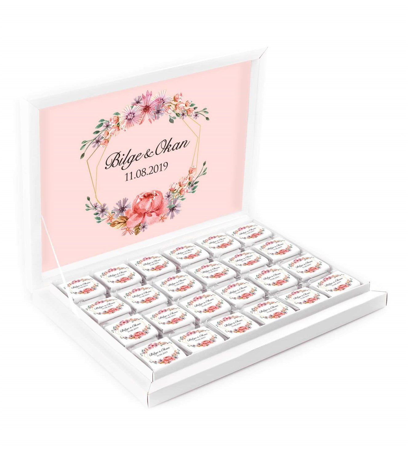 Somon Çiçekler İsimli ve Tarihli Kutulu Söz & Nişan Çikolatası
