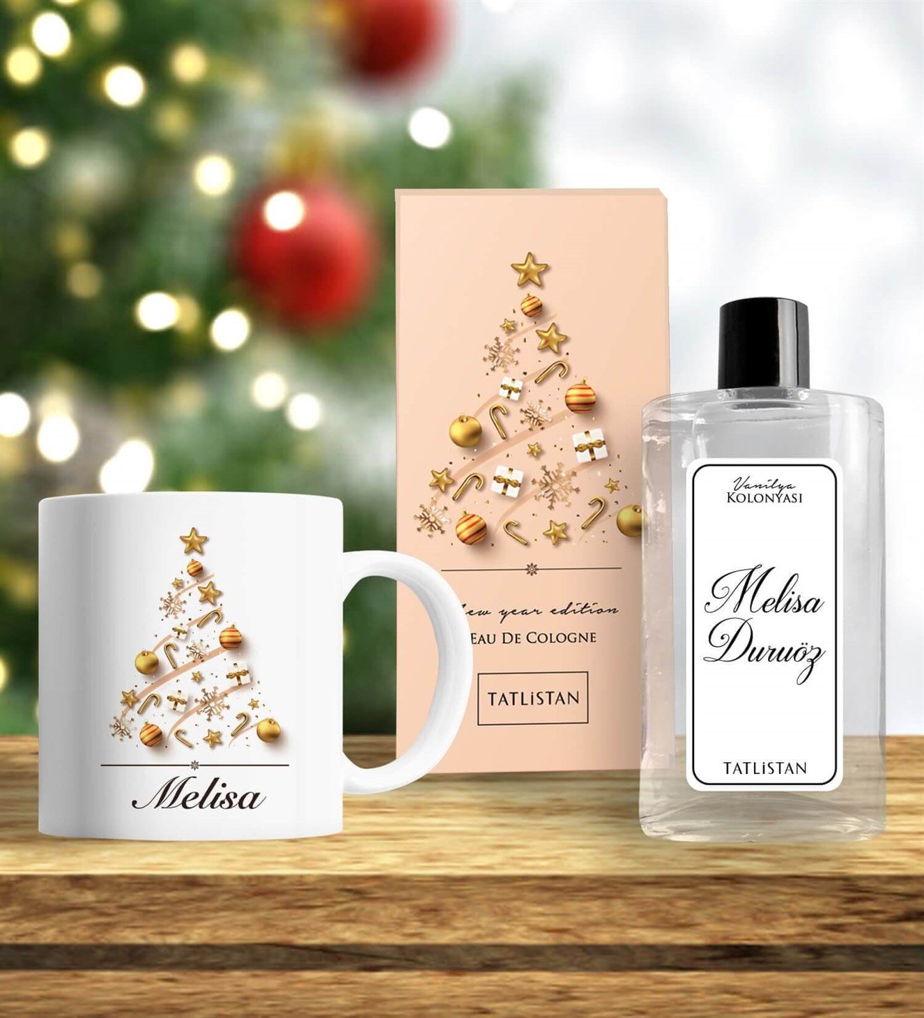 Süslü Yılbaşı Ağacı Kolonya ve Kupa Set