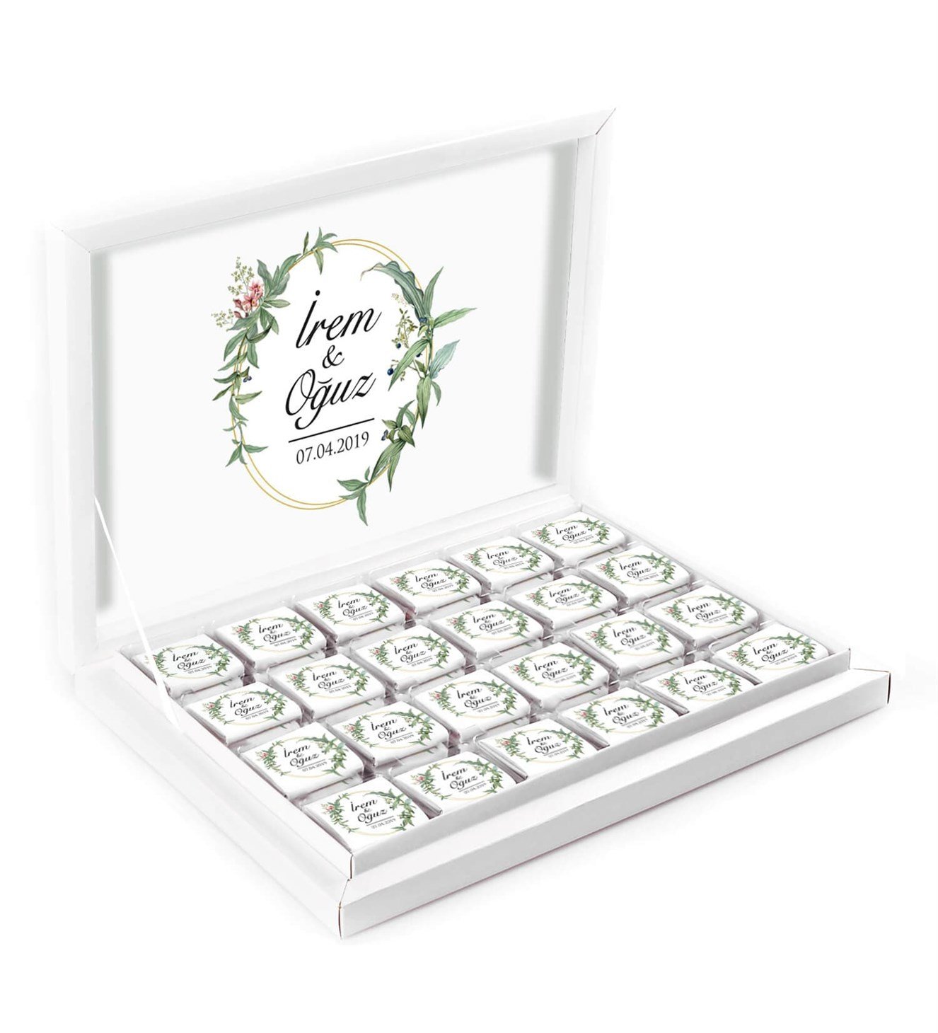 Yeşil Yapraklar Çiçekler İsimli ve Tarihli Kutulu Söz & Nişan Çikolatası