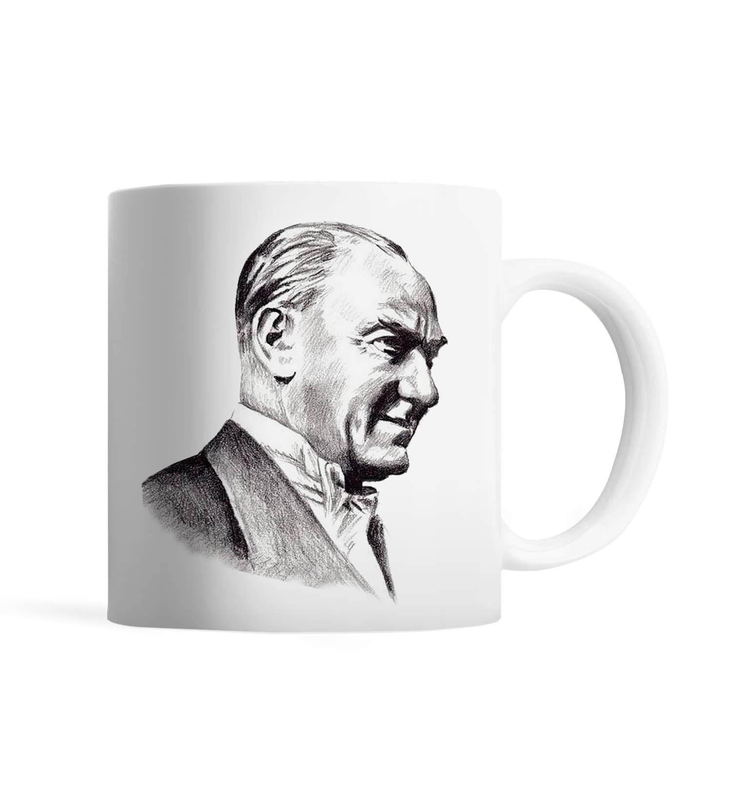 Atatürk Kare Kalem Çizilimli ve İmzalı Kupa Bardak