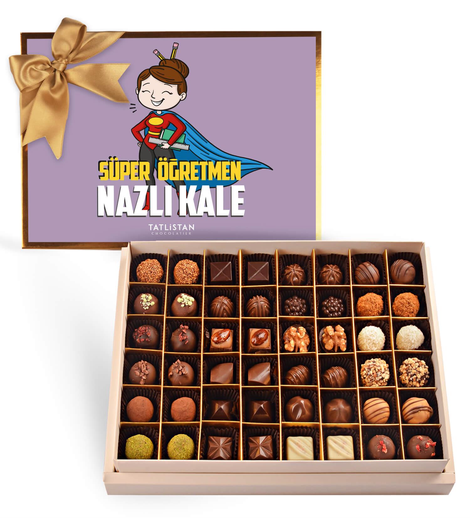 İsme Özel Süper Öğretmen | 24 Çeşitli Artisan & Trüf Çikolata 48'li