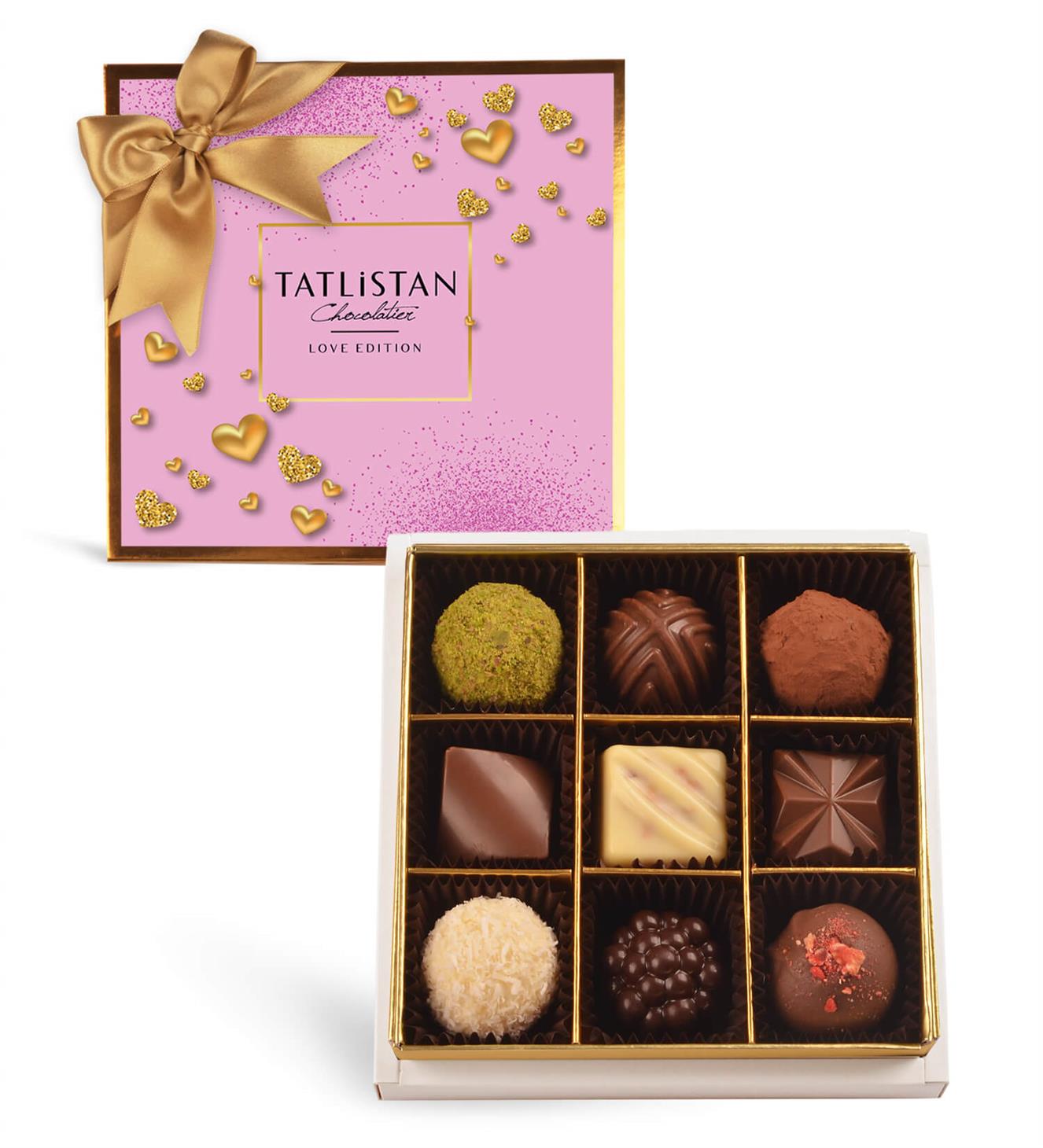 Altın Kalp Tasarımlı Kutuda 9 Çeşitli Artisan Çikolata 9'lu
