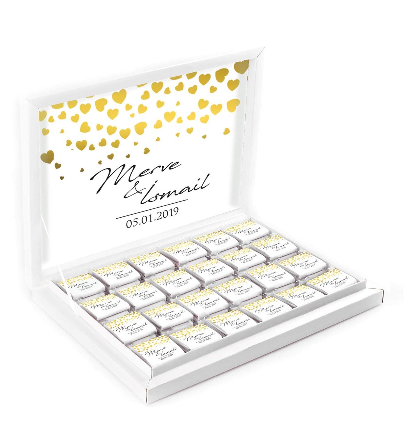 Altın Kalpler İsimli ve Tarihli Kutulu Söz & Nişan Çikolatası
