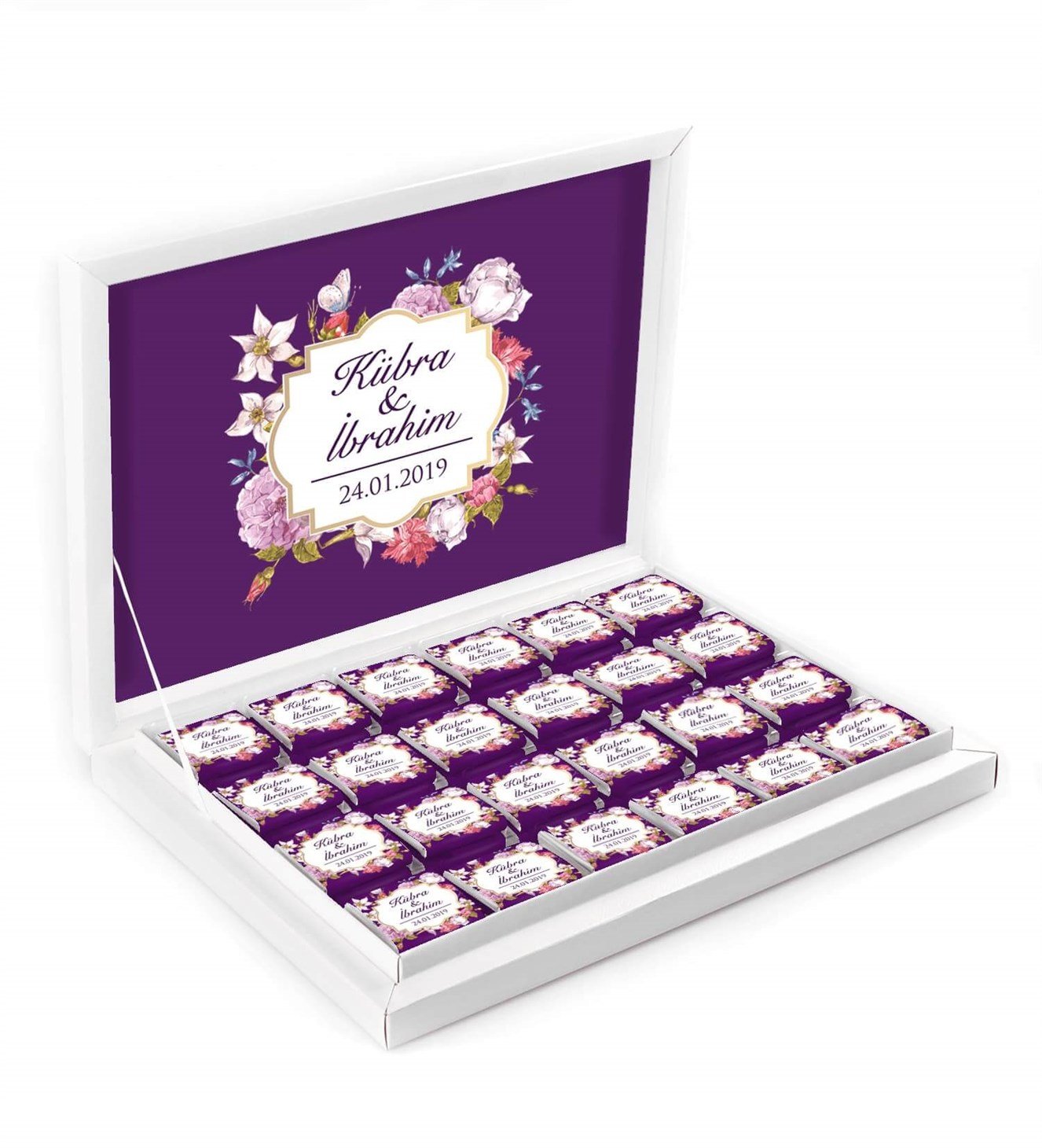Çiçekli Mor İsimli ve Tarihli Kutulu Söz & Nişan Çikolatası