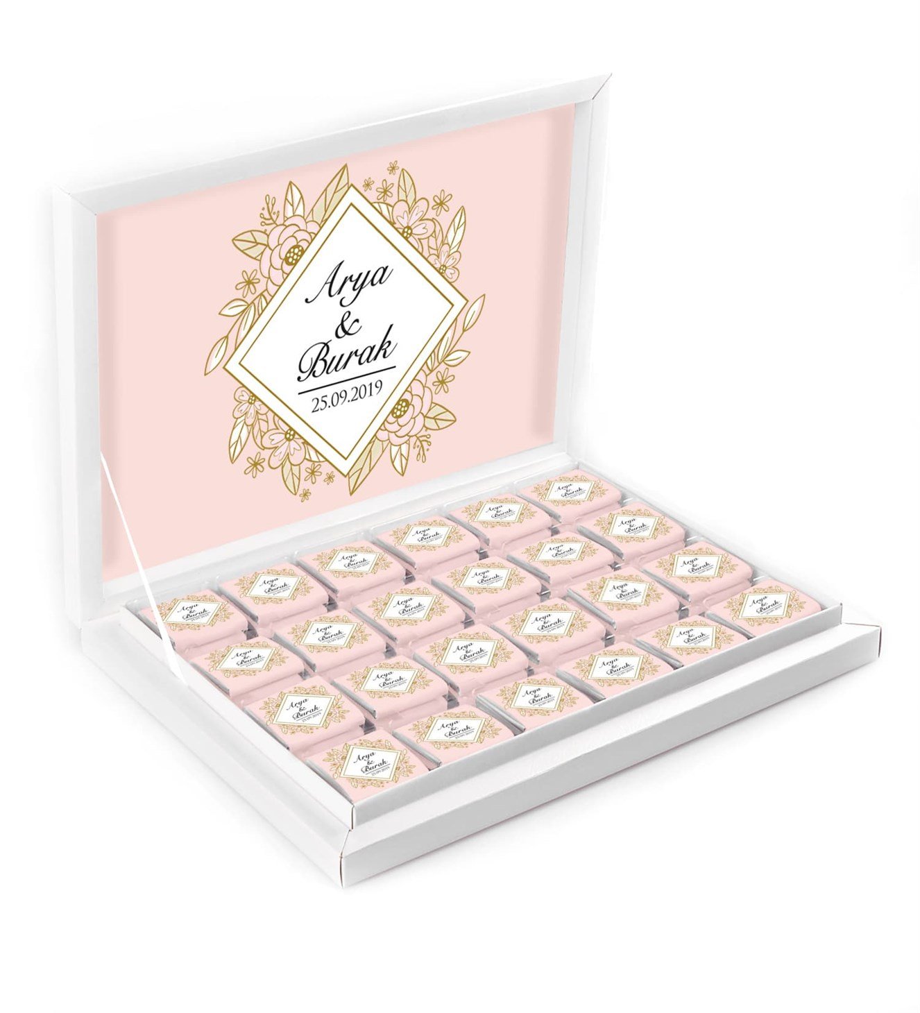 Gold Çiçekli Yapraklar İsimli ve Tarihli Kutulu Söz & Nişan Çikolatası