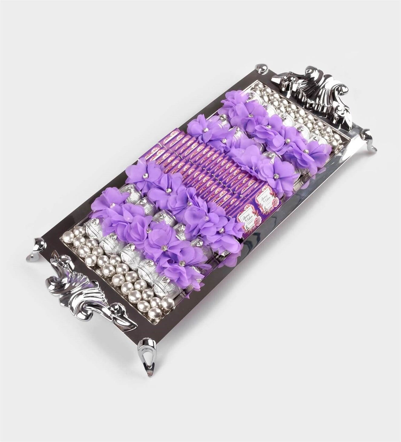 Gümüş Mor Çiçekli ve İsimli Söz & Nişan Çikolata Tepsisi