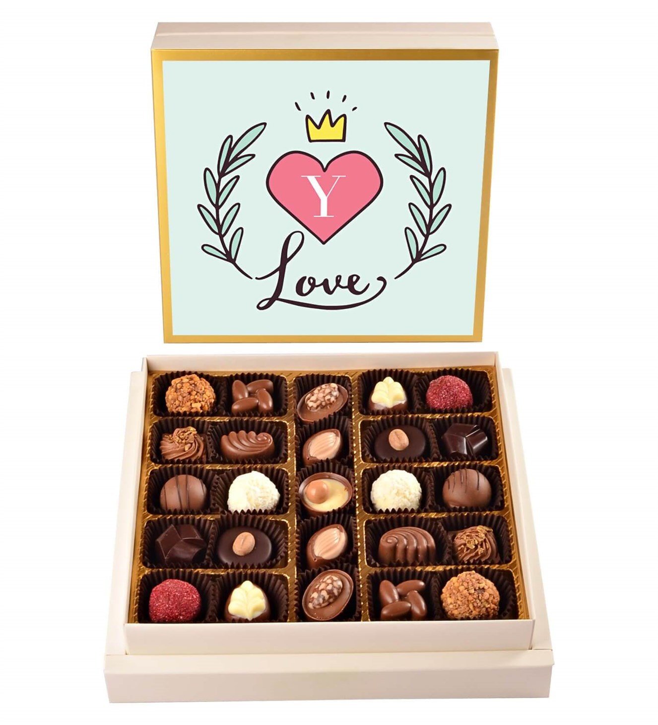İsme Özel Baş Harfli, Kalp ve Taçlı Tasarım Kutulu Spesiyal Çikolata 25'li