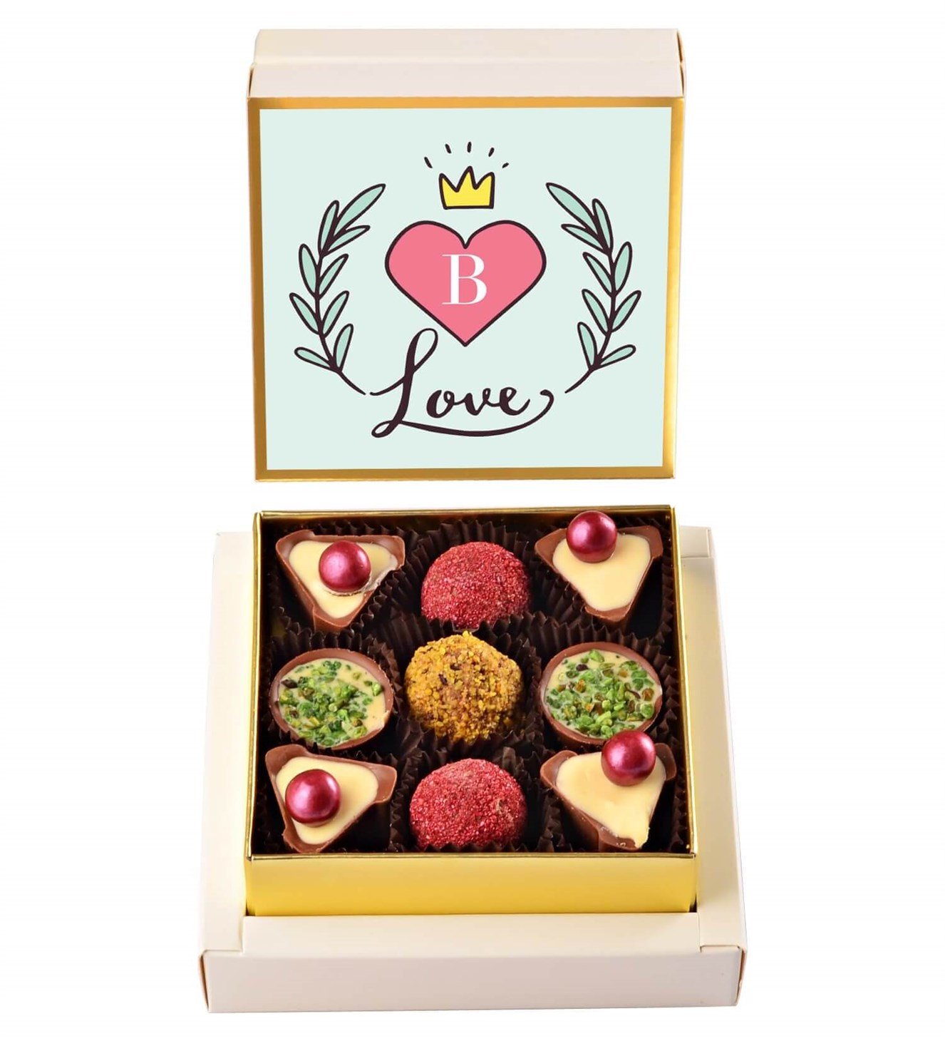 İsme Özel Baş Harfli, Kalp ve Taçlı Tasarım Kutulu Spesiyal Çikolata 9'lu