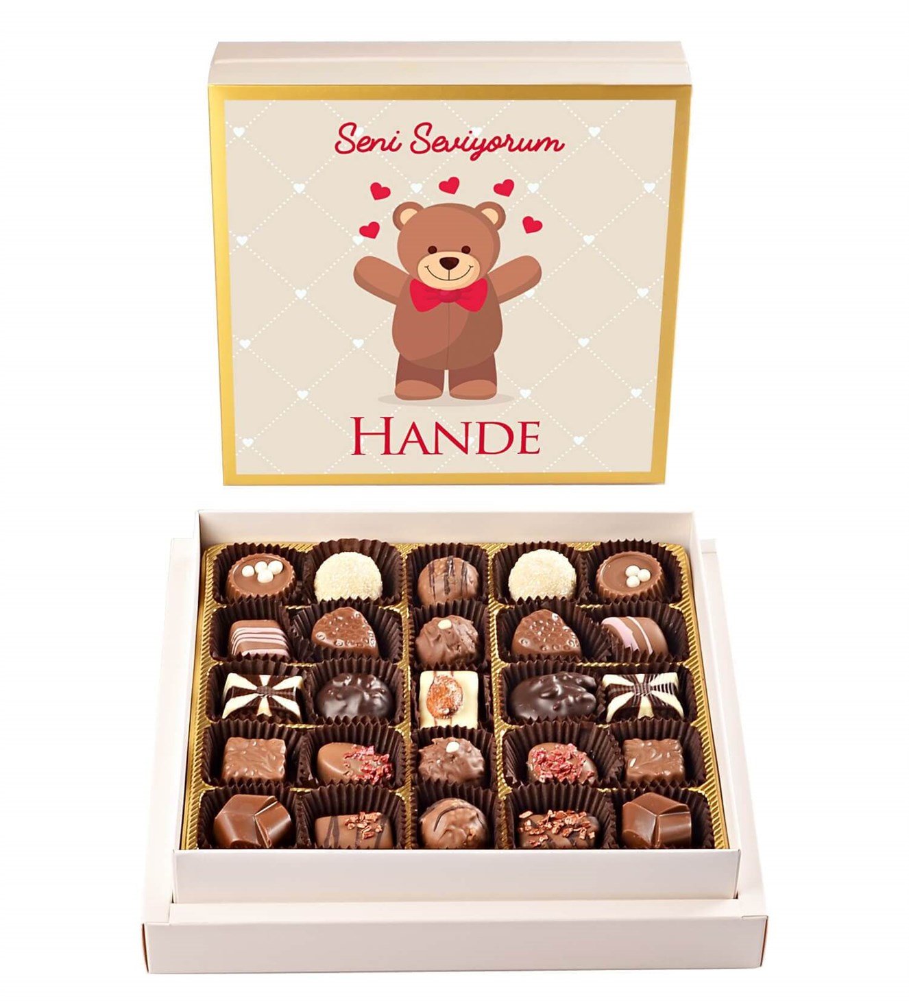 İsme Özel Kalpli Ayıcık Tasarımlı Spesiyal Çikolata 25'li