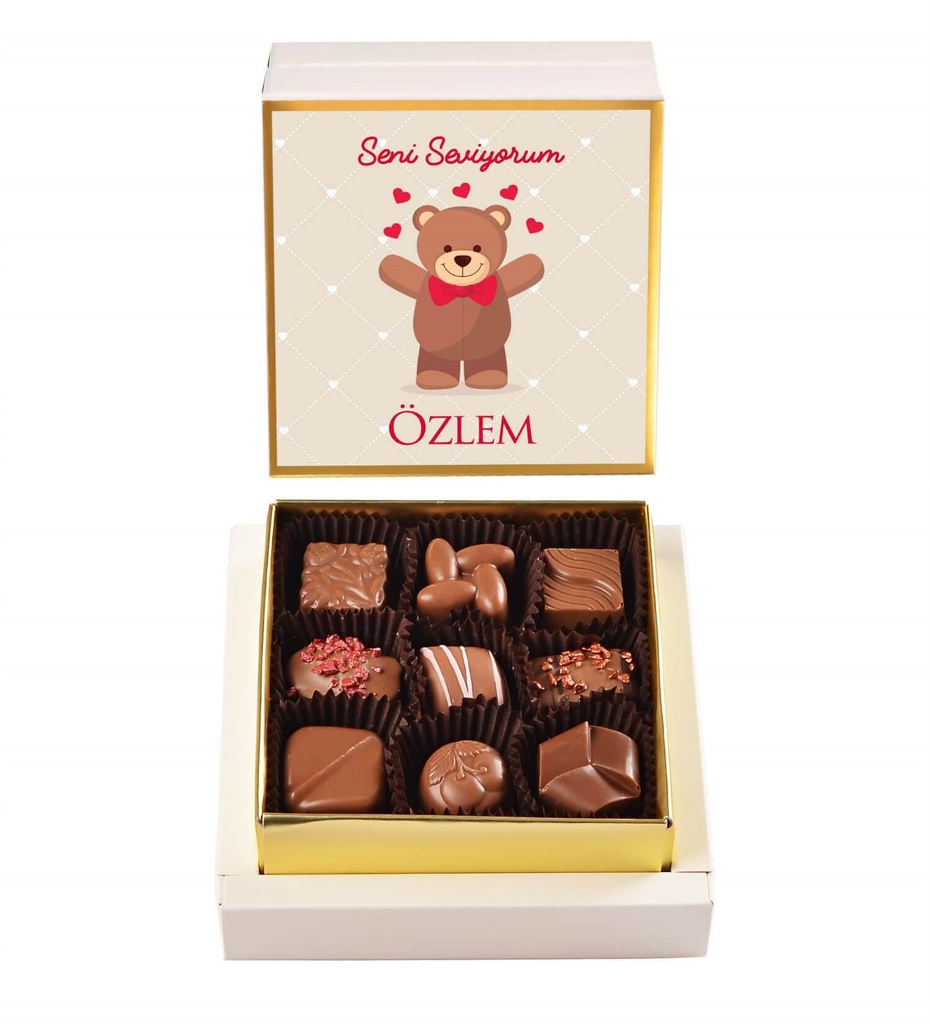 İsme Özel Kalpli Ayıcık Tasarımlı Spesiyal Çikolata 9'lu