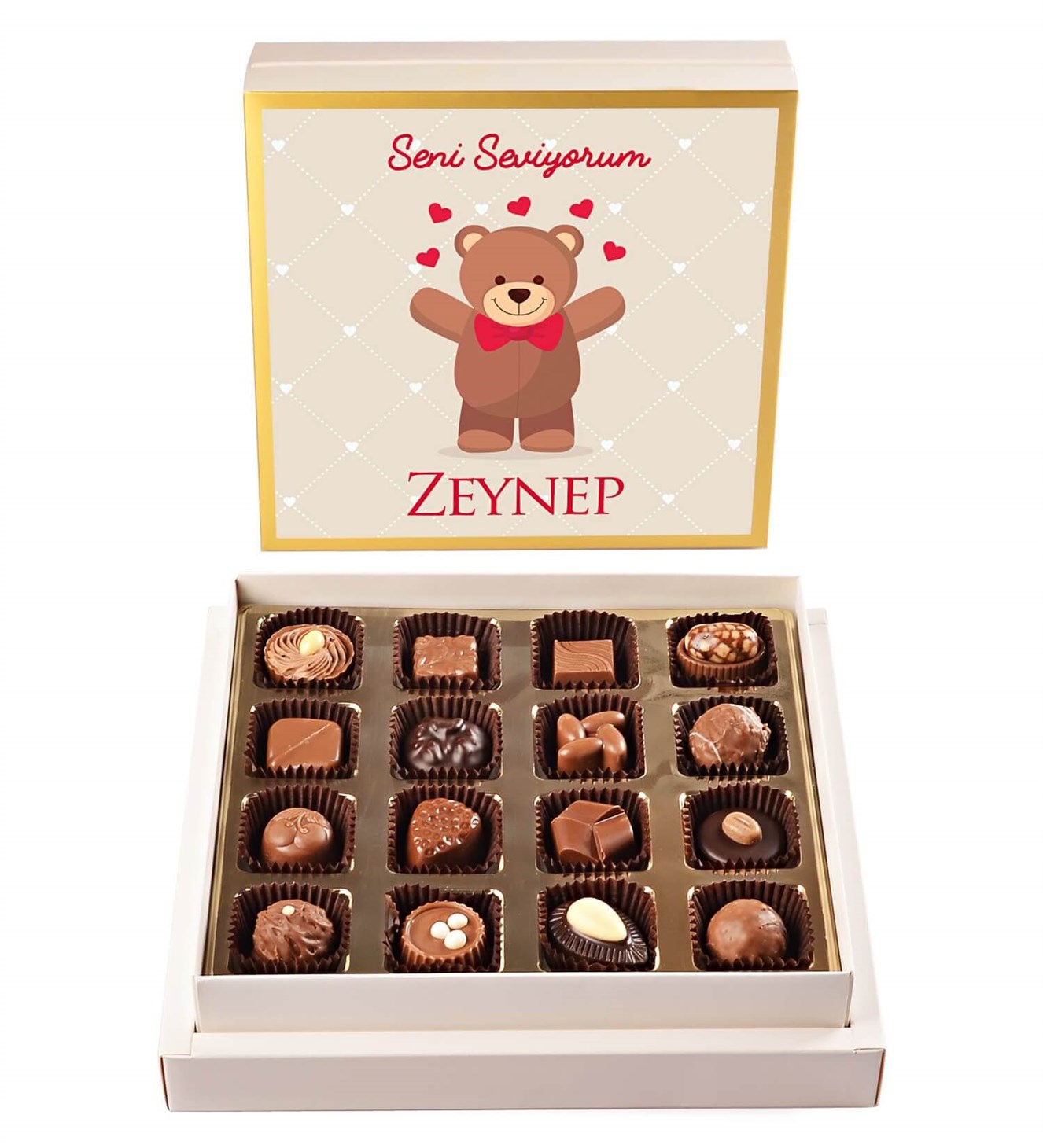 İsme Özel Kalpli Ayıcık Tasarımlı Spesiyal Çikolata 16'lı