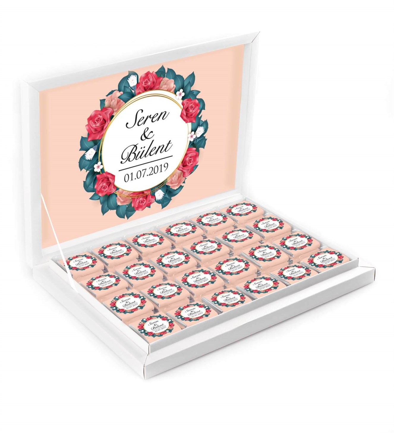 Kırmızı Güllü Yapraklar İsimli ve Tarihli Kutulu Söz & Nişan Çikolatası