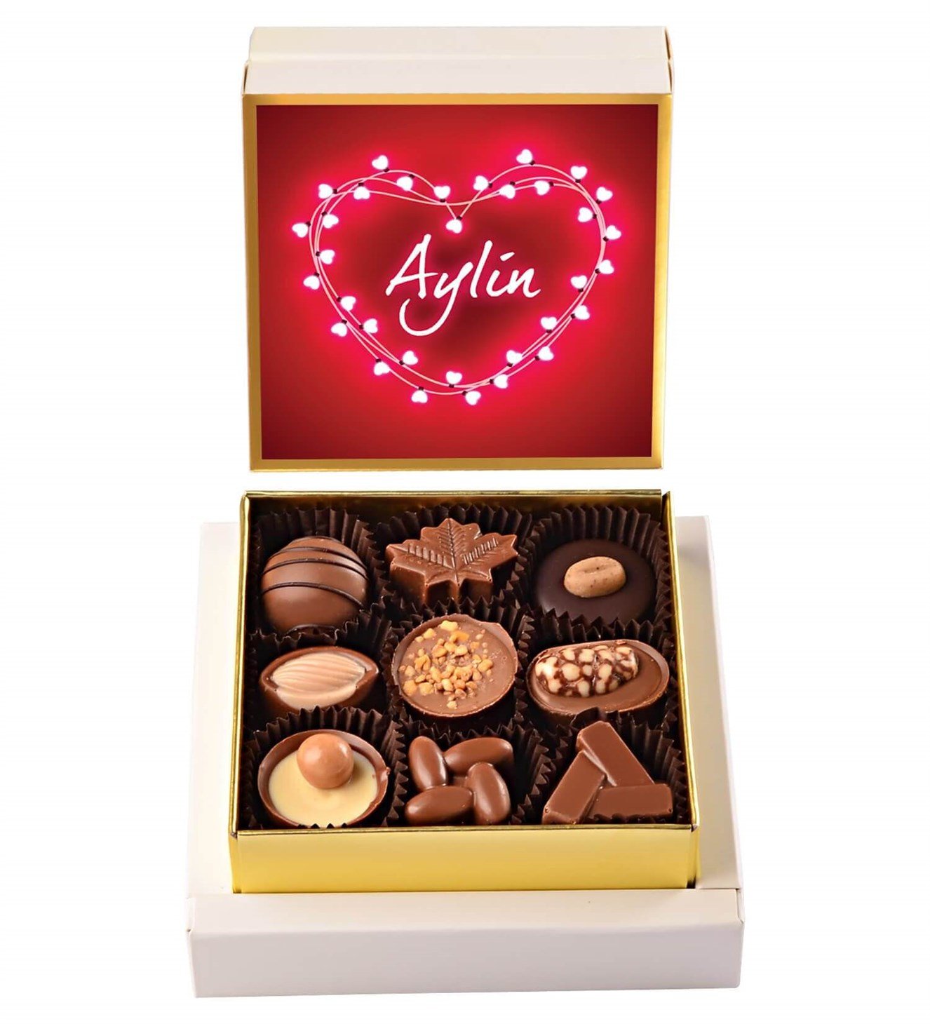 Kişiye Özel Işıltılı Kalp Tasarım Kutulu Spesiyal Çikolata 9'lu
