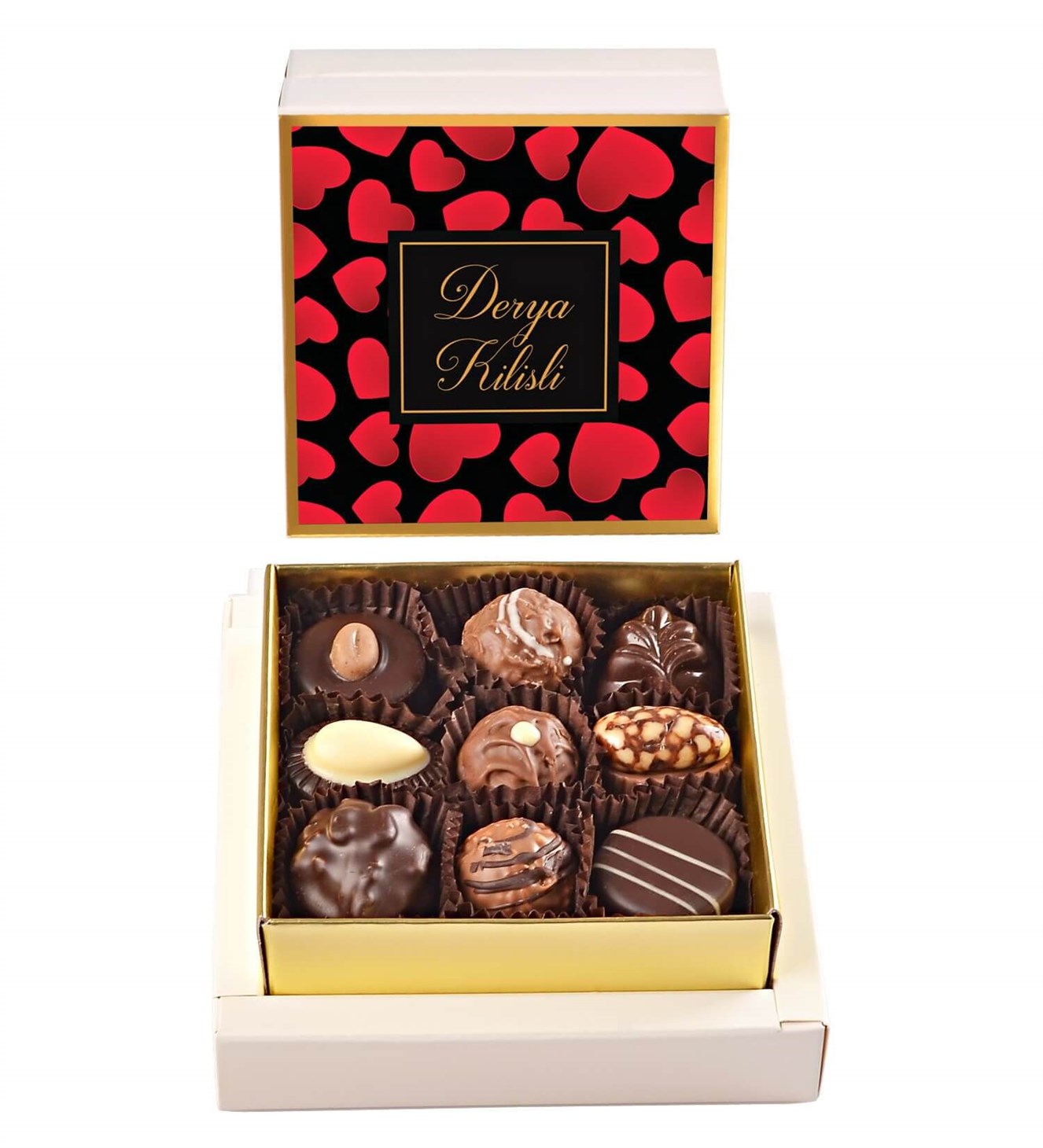 Kişiye Özel İsimli Kırmızı Kalp Tasarımlı Spesiyal Çikolata 9'lu