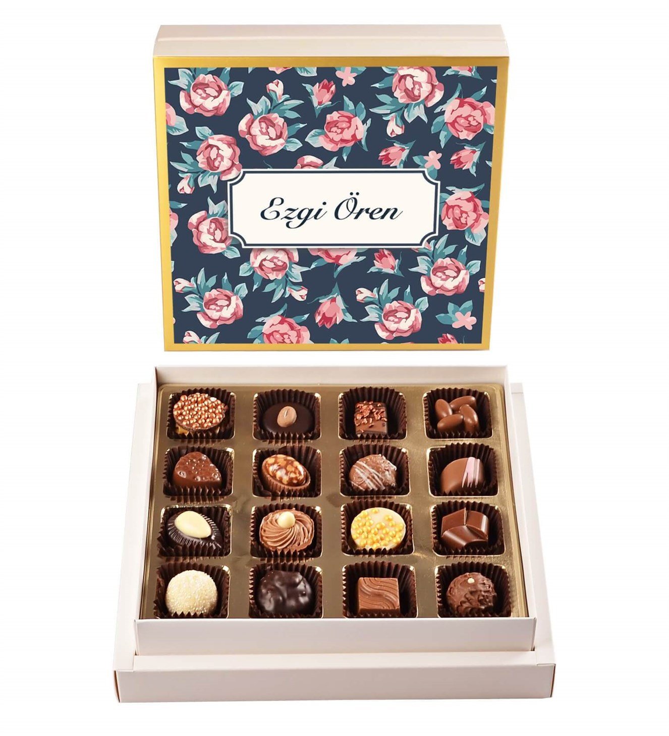 Kişiye Özel Pembe Çiçek Tasarım Kutulu Spesiyal Çikolata 16'lı