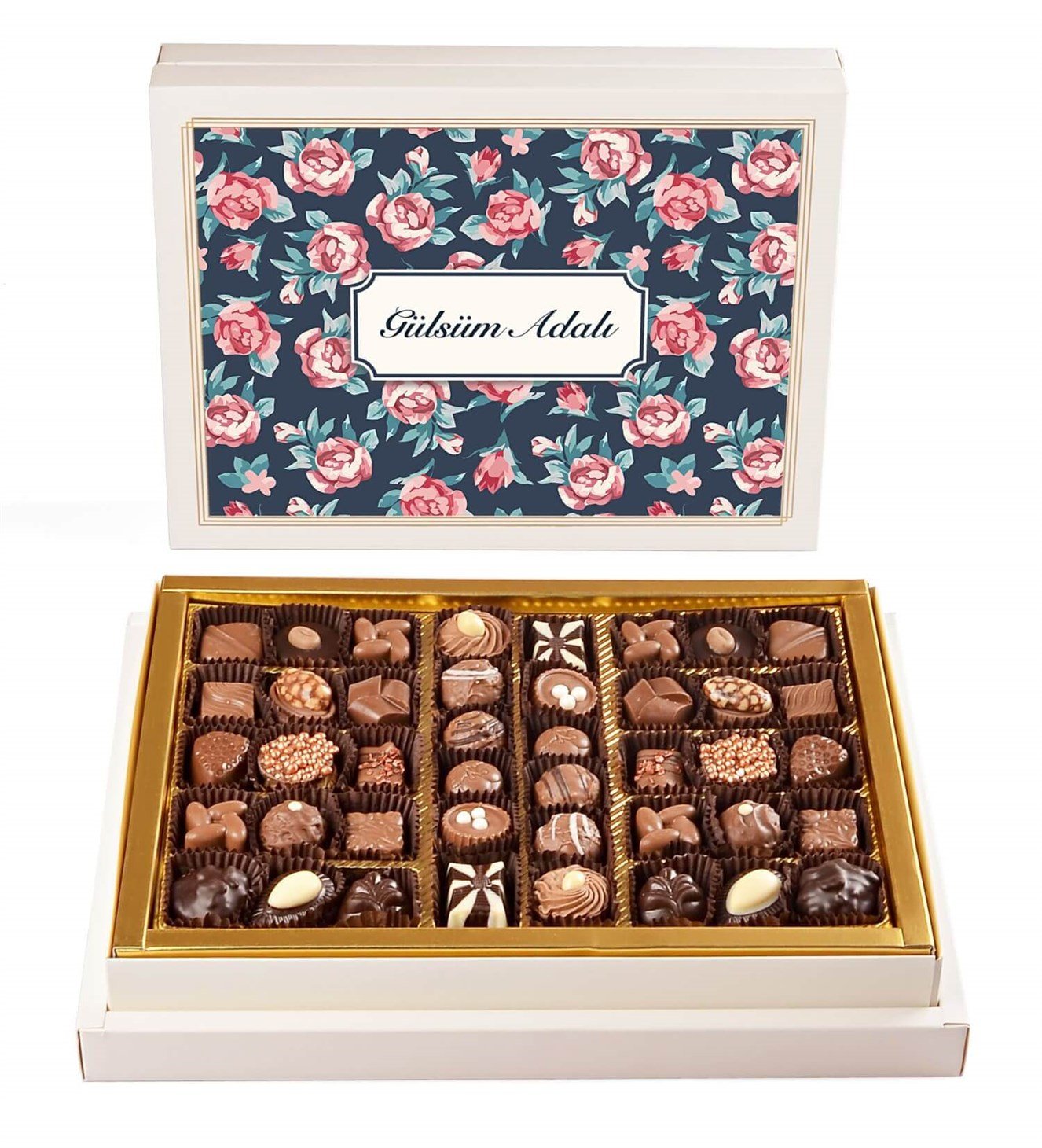 Kişiye Özel Pembe Çiçek Tasarım Kutulu Spesiyal Çikolata 42'li