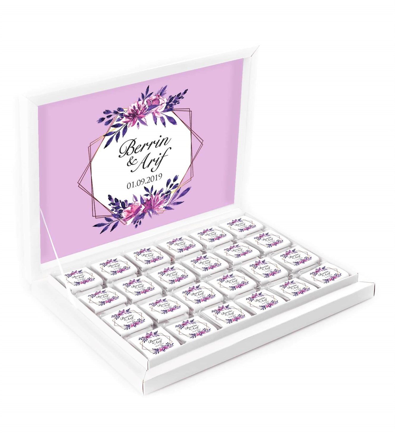 Lilalı Mor Çiçekler İsimli ve Tarihli Kutulu Söz & Nişan Çikolatası