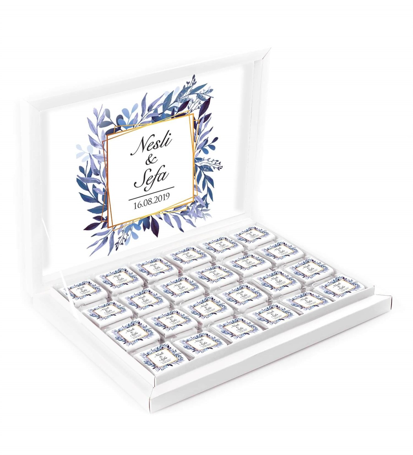 Mavi Çiçekli Dallı İsimli ve Tarihli Kutulu Söz & Nişan Çikolatası