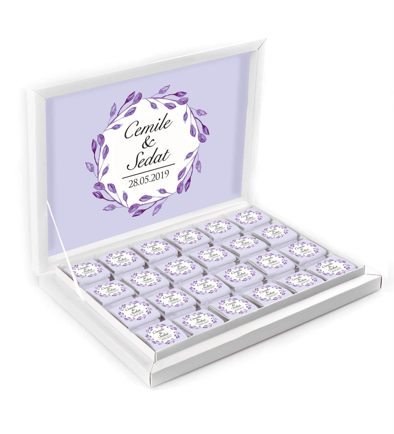 Mor Dallar İsimli ve Tarihli Kutulu Söz & Nişan Çikolatası
