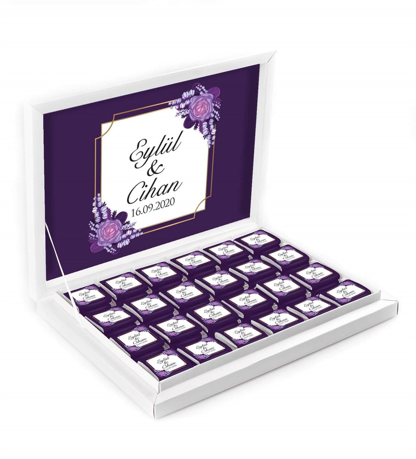 Mor Dallı Güller İsimli ve Tarihli Kutulu Söz & Nişan Çikolatası