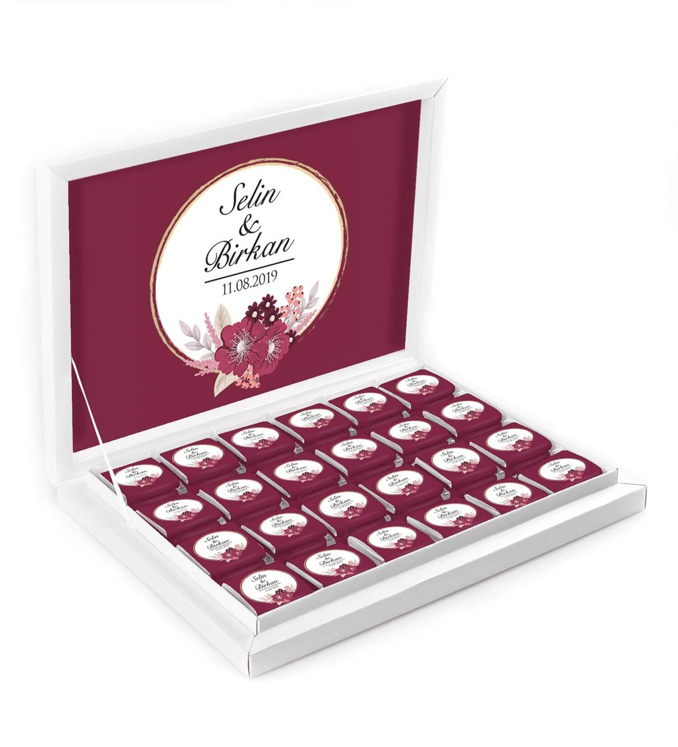 Mürdüm Çiçekler İsimli ve Tarihli Kutulu Söz & Nişan Çikolatası