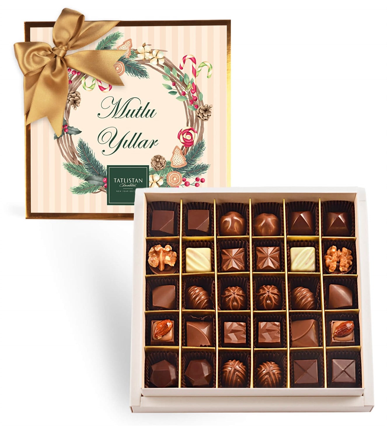 Mutlu Yıllar Çelenk 30 Çeşitli Artisan ve Trüf Çikolata 30'lu