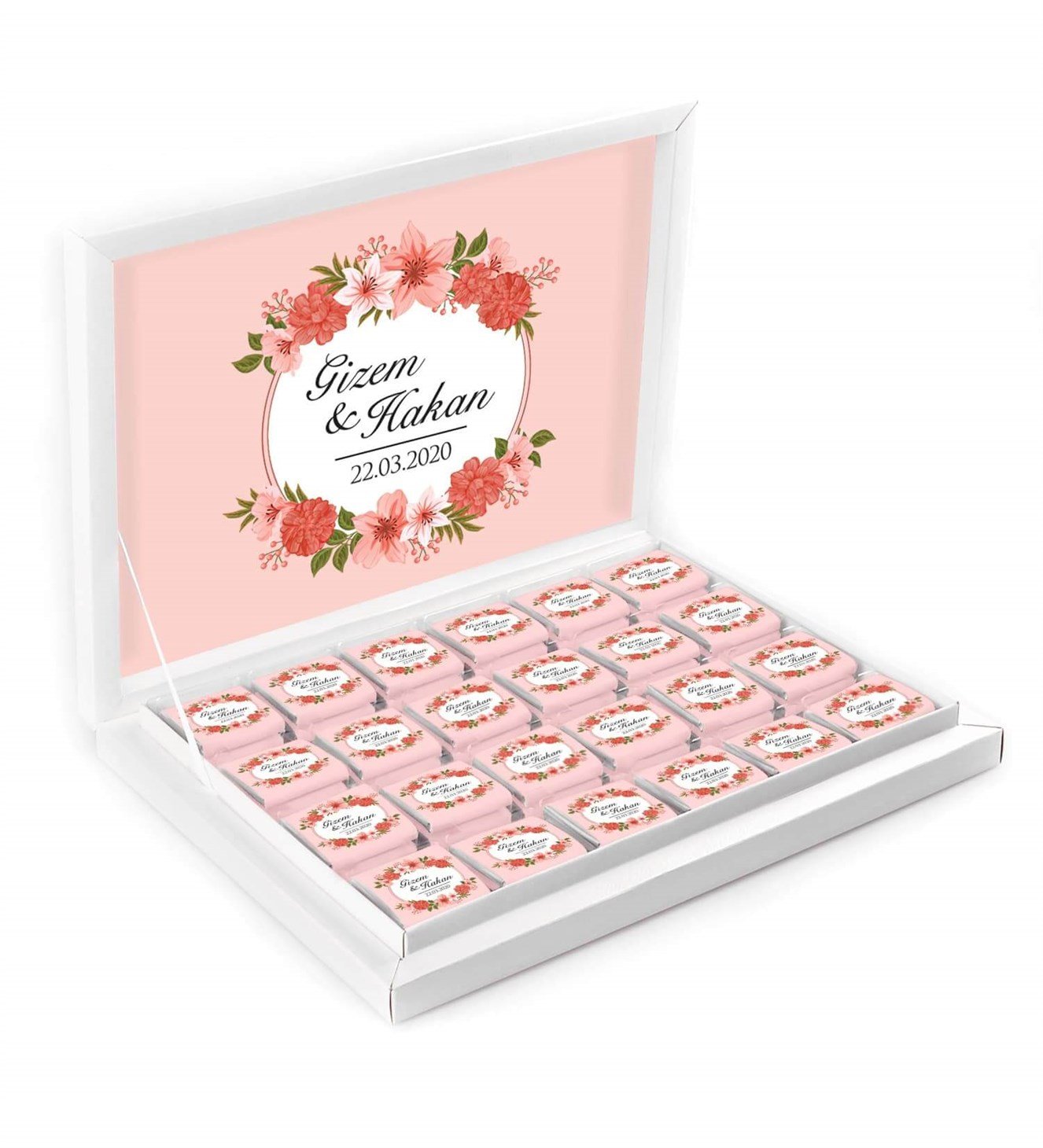 Nar Çiçeği, Pembeli İsimli ve Tarihli Kutulu Söz & Nişan Çikolatası
