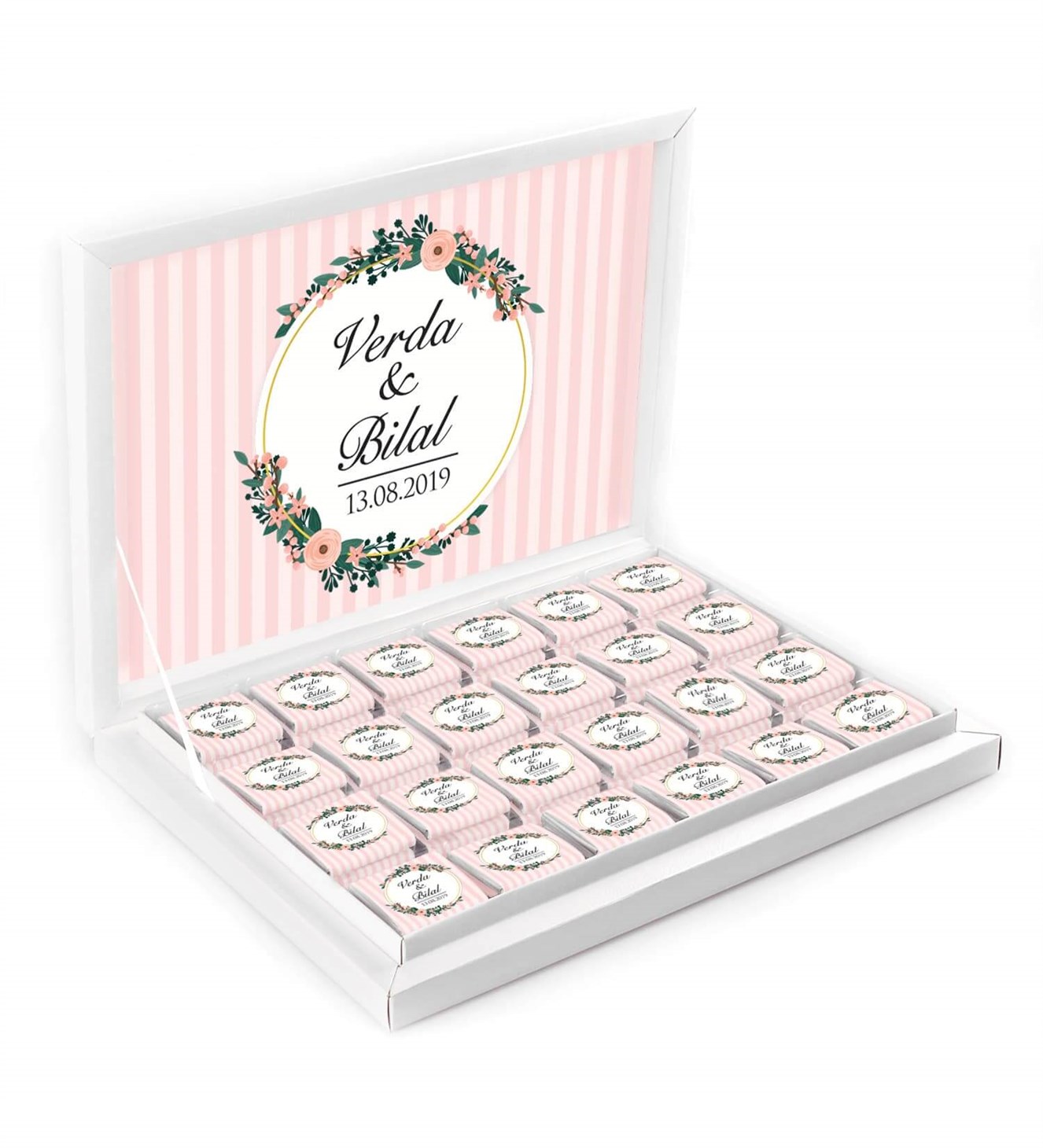 Pembe Çizgiler Çiçekler İsimli ve Tarihli Kutulu Söz & Nişan Çikolatası