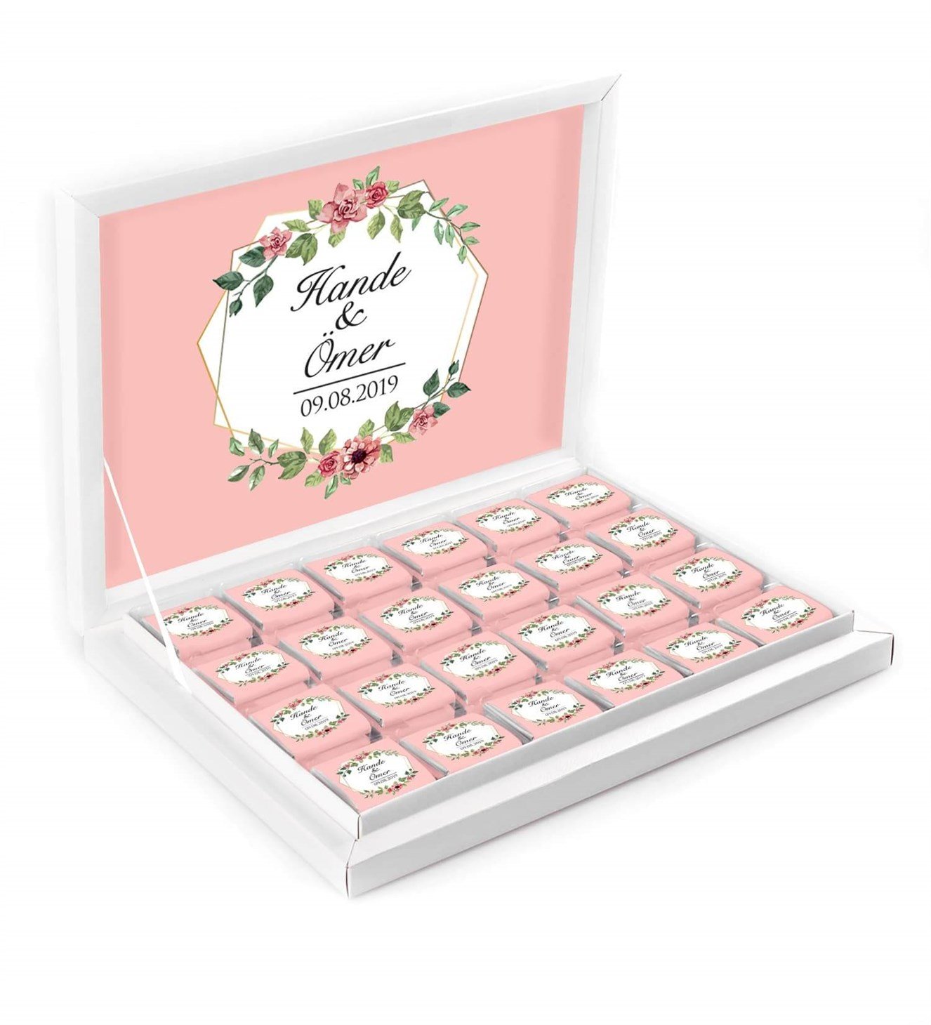 Pembe Güller ve Dallar İsimli ve Tarihli Kutulu Söz & Nişan Çikolatası