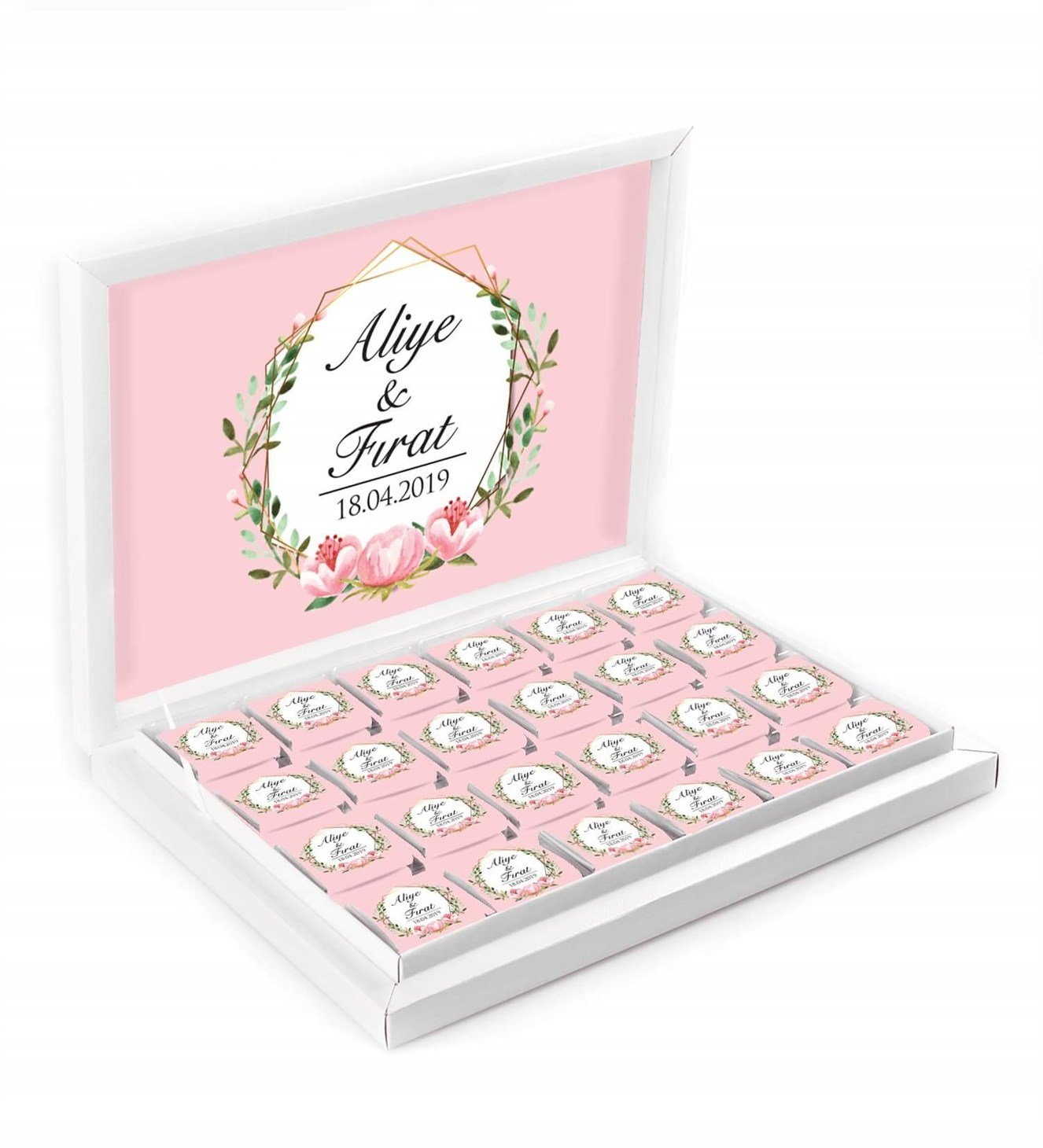Pembe Şakayıklar İsimli ve Tarihli Kutulu Söz & Nişan Çikolatası