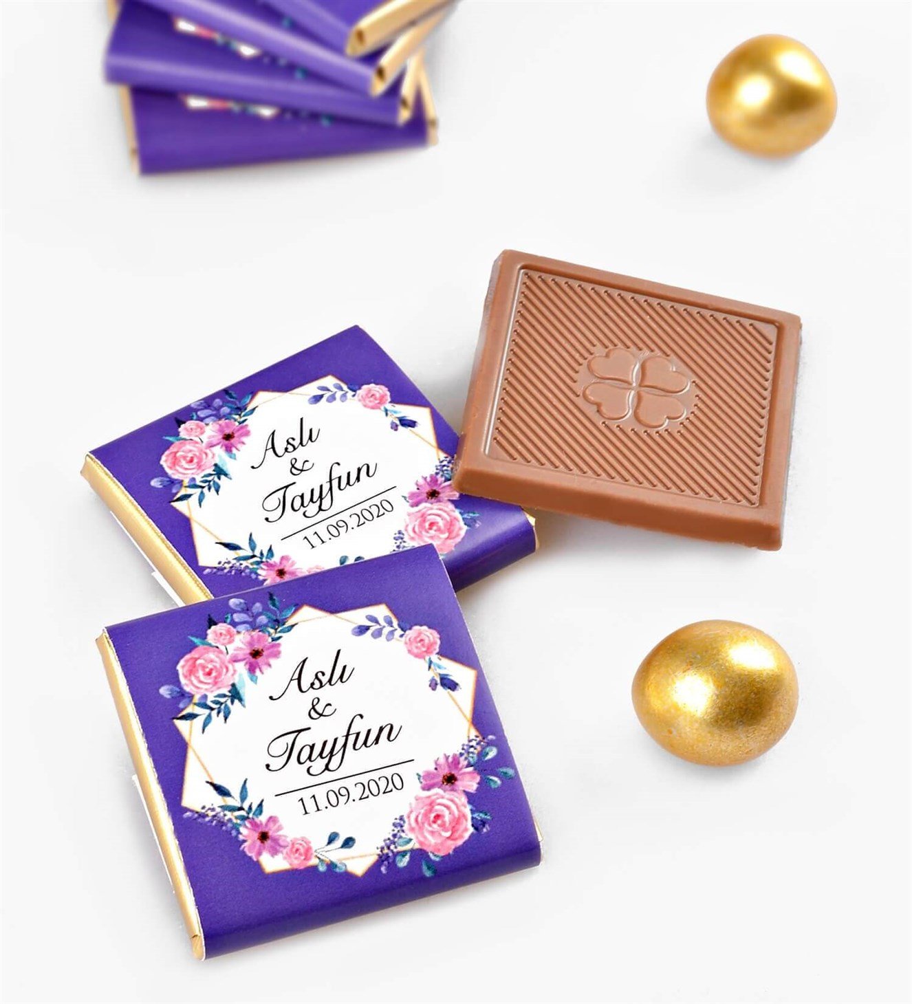 Pembe ve Mor Çiçekler İsimli 50 Adet Söz & Nişan Çikolatası