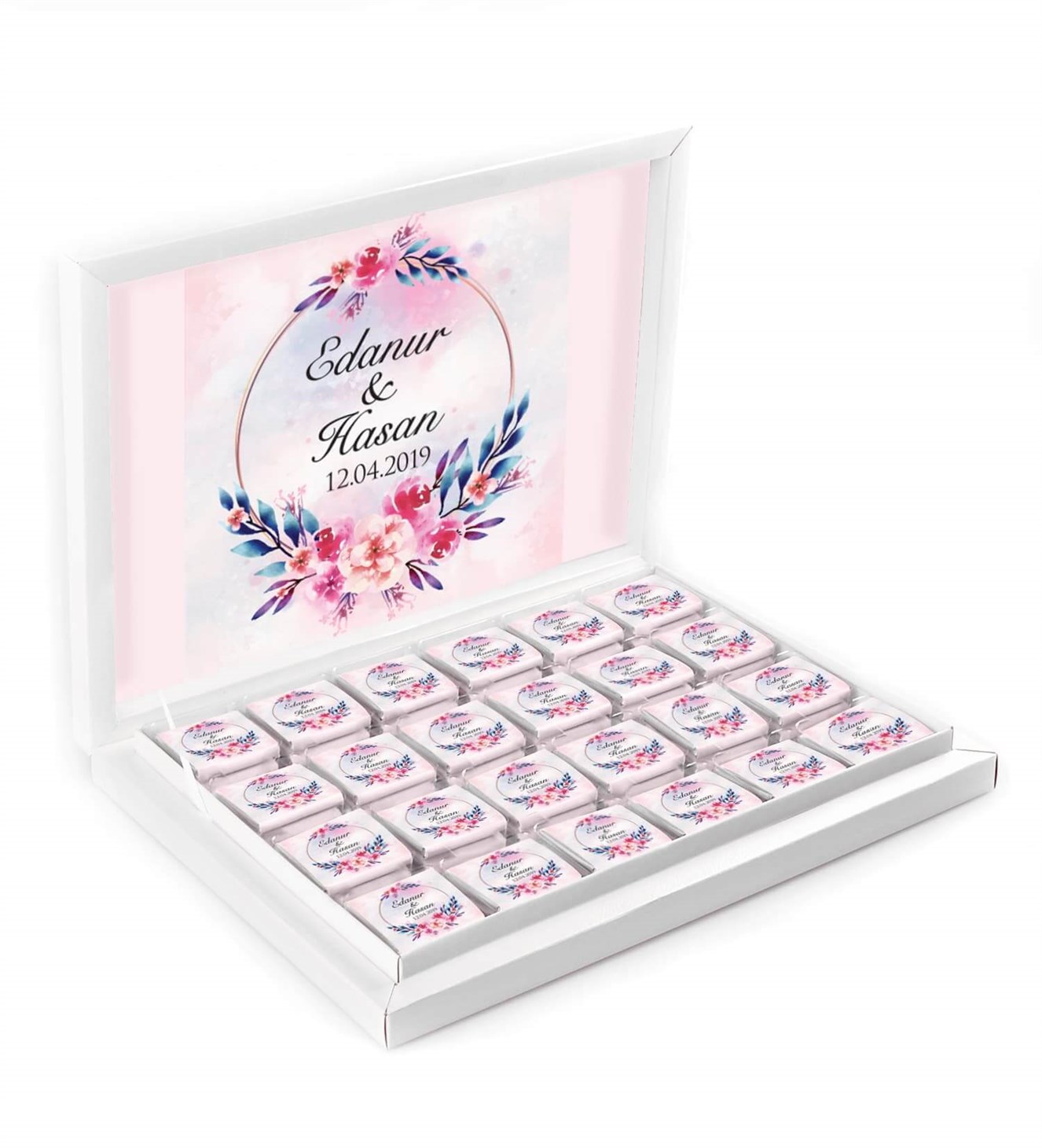 Pembe ve Tonları Çiçekler İsimli ve Tarihli Kutulu Söz & Nişan Çikolatası