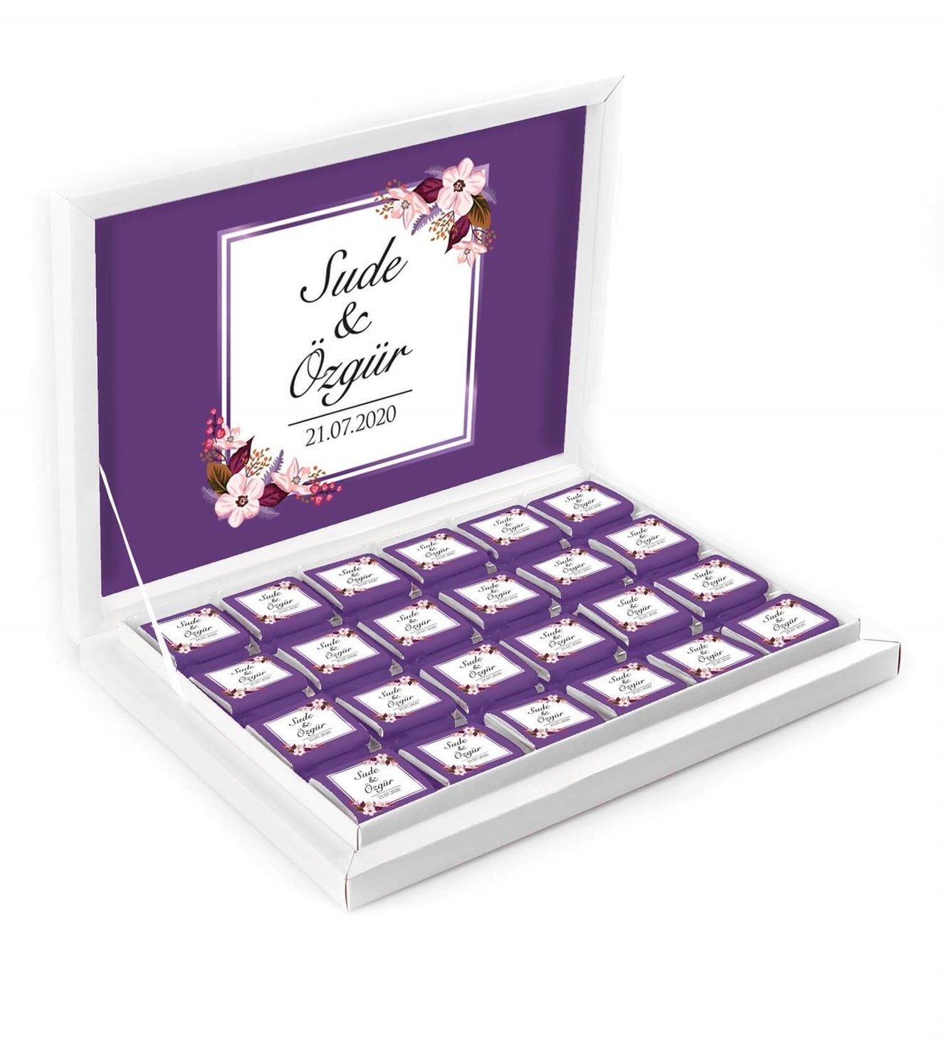 Pembeli Morlu Çiçekler İsimli ve Tarihli Kutulu Söz & Nişan Çikolatası